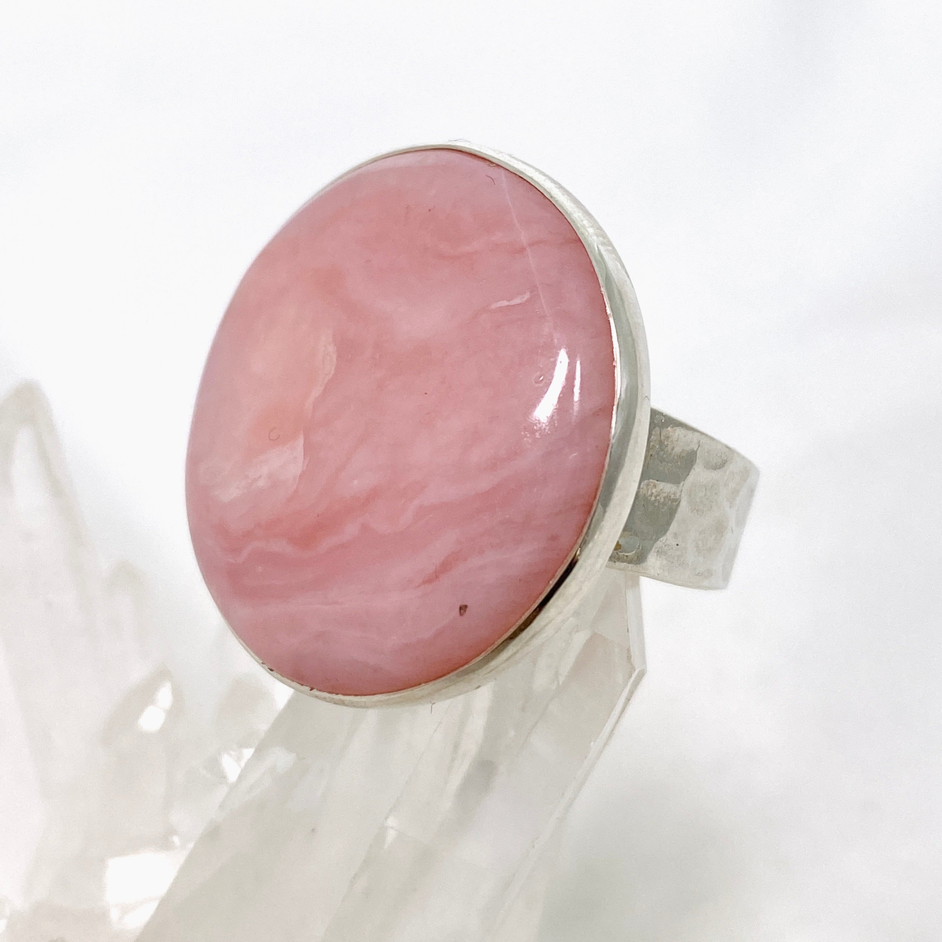 Pink Opal Round Cabochon Ring - Hammered Sterling Silver Size 9.5 (KRGJ3305) | Elegant Boho Jewelry for Women, Perfect for Everyday Wear & Special Occasions