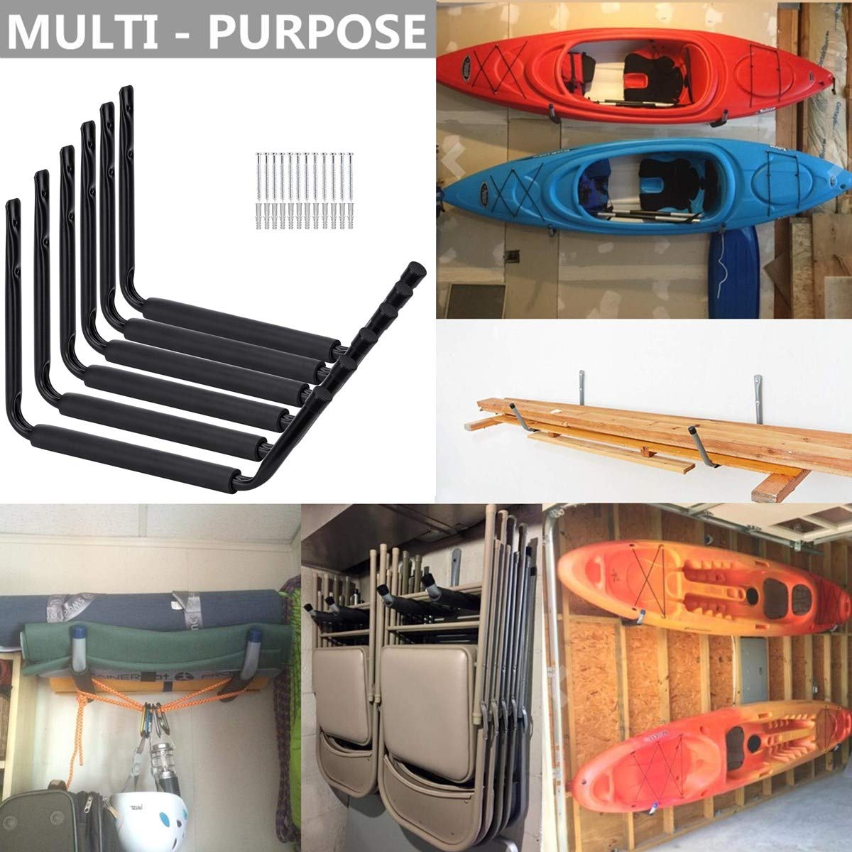 Heavy Duty Kayak Storage Rack - 38cm Jumbo Arm Garage Hooks, Wall Mount Canoe Hanger & Organizer for Surfboard, Snowboard, Paddle Board - Perfect for Garage, Basement & Outdoor Water Sports Equipment Storage