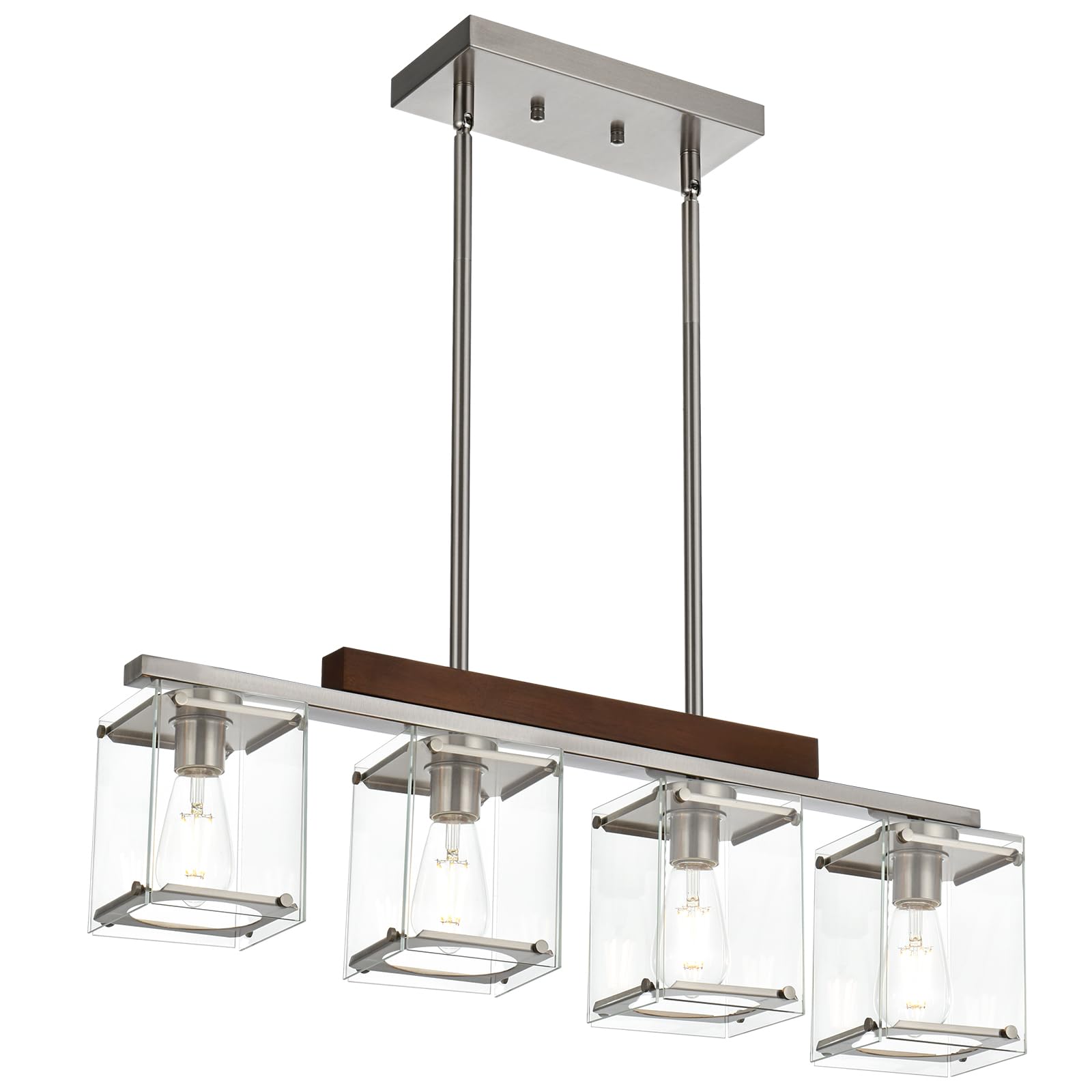 4-Lights Wood Frame Linear Pendant Light Fixture with Clear Glass - Modern Brushed Nickel Kitchen Island Lighting for Dining Room, Breakfast Bar & Restaurant Decor