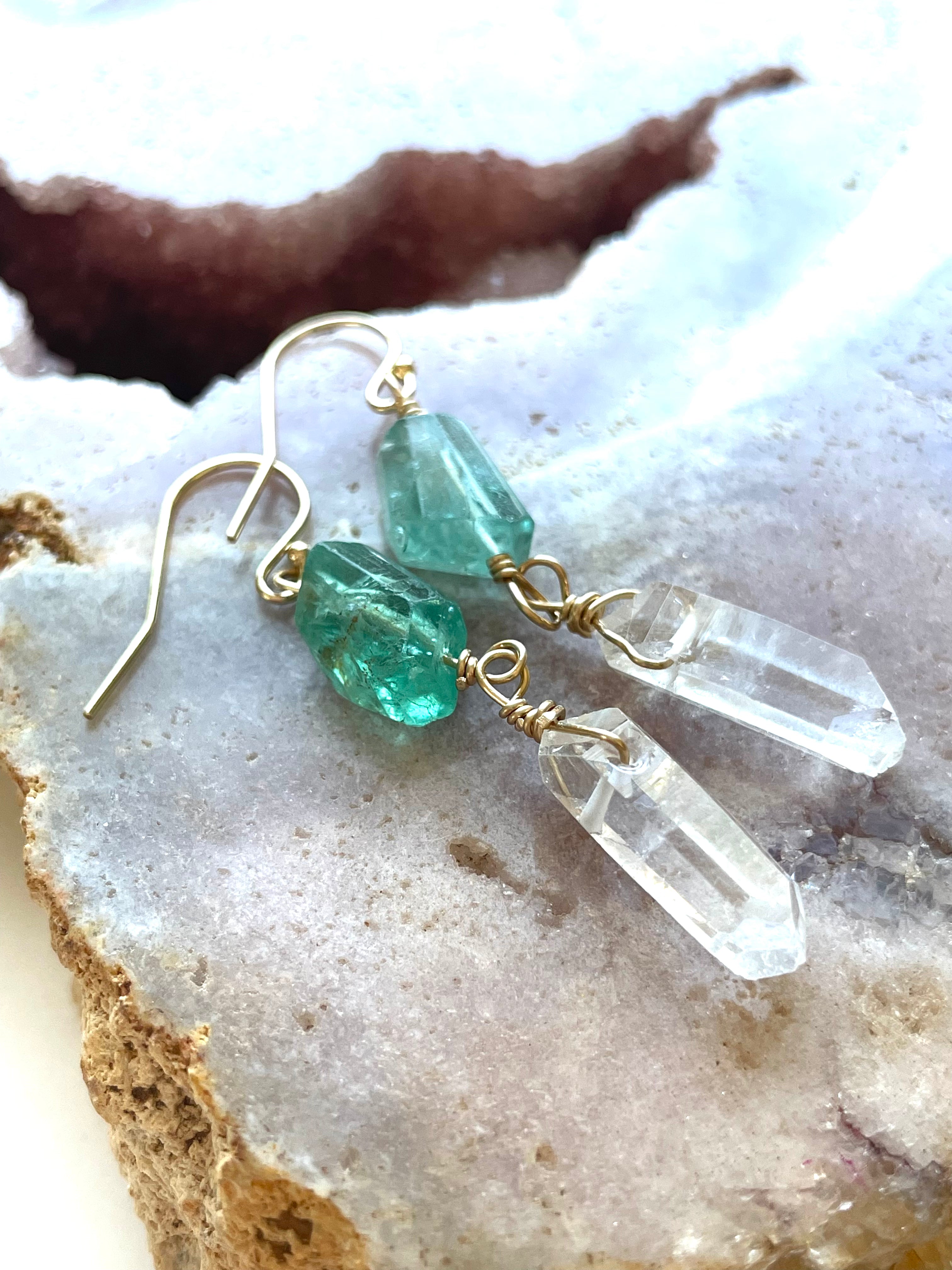Natural Apatite & Clear Quartz Crystal Earrings in 14K Gold Fill - Elegant Healing Jewelry for Women, Perfect for Everyday Wear, Meditation & Gifting