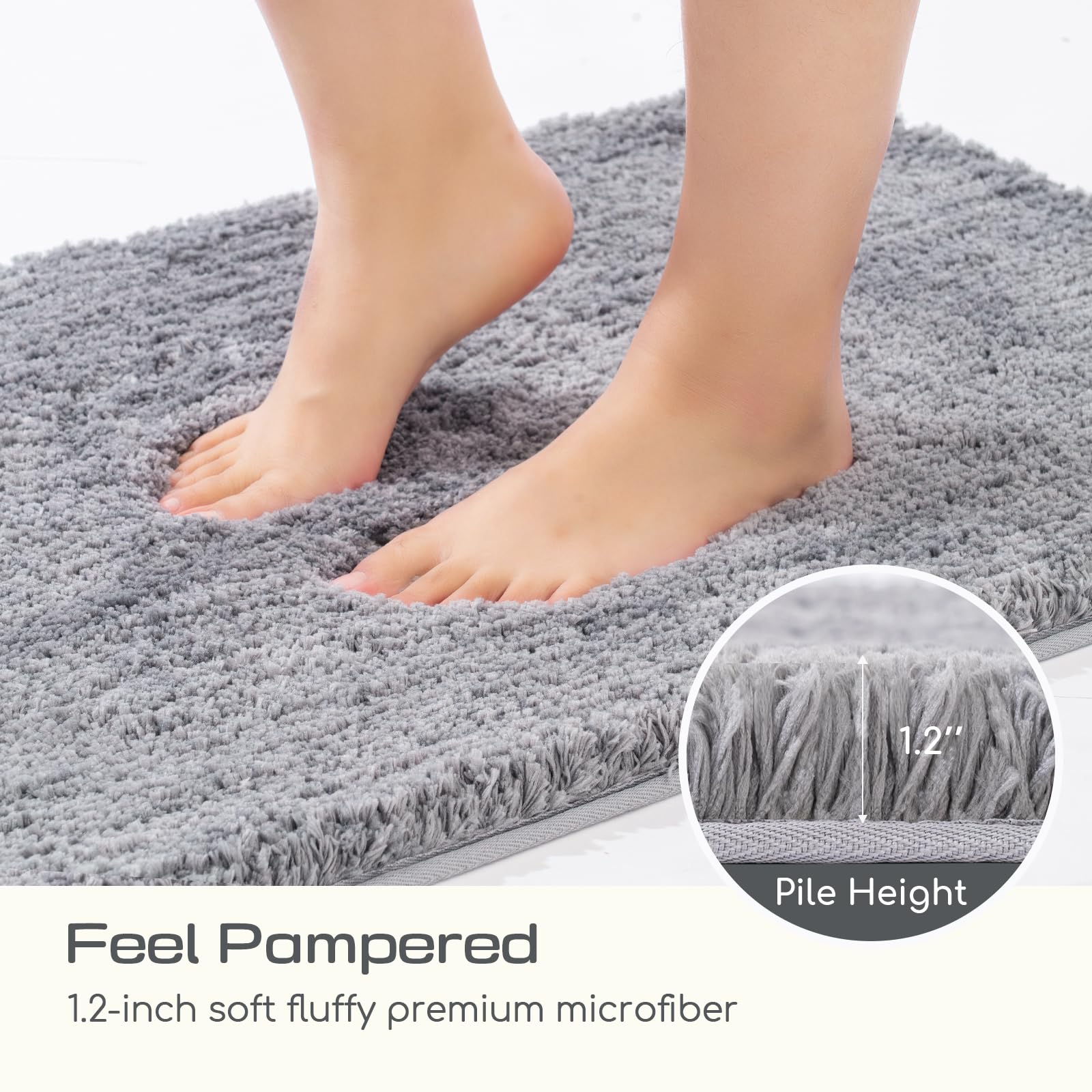 Premium ROSMARUS Shaggy Bath Rug 2032 - Soft Non-Slip Bathroom Mat, Absorbent Microfiber, Gray - Perfect for Bathroom, Shower, Spa & Home Decor