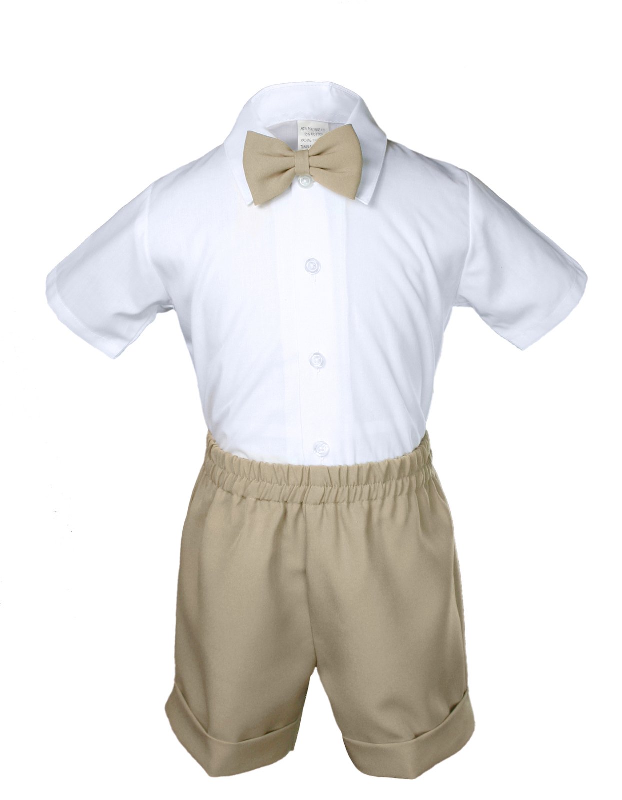 7-Piece Baby Boy Khaki Formal Bow Tie Shorts Suit Set with Extra Vest & Necktie (Sizes S-4T) - Perfect for Weddings, Baptisms & Special Occasions
