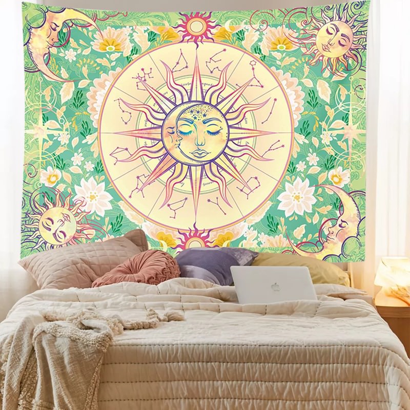 Floral Zodiac Sun and Moon Tapestry Wall Hanging - Boho Celestial Decor for Bedroom, Living Room, Dorm - Perfect for Home Decor, Aesthetic Room Design & Spiritual Space