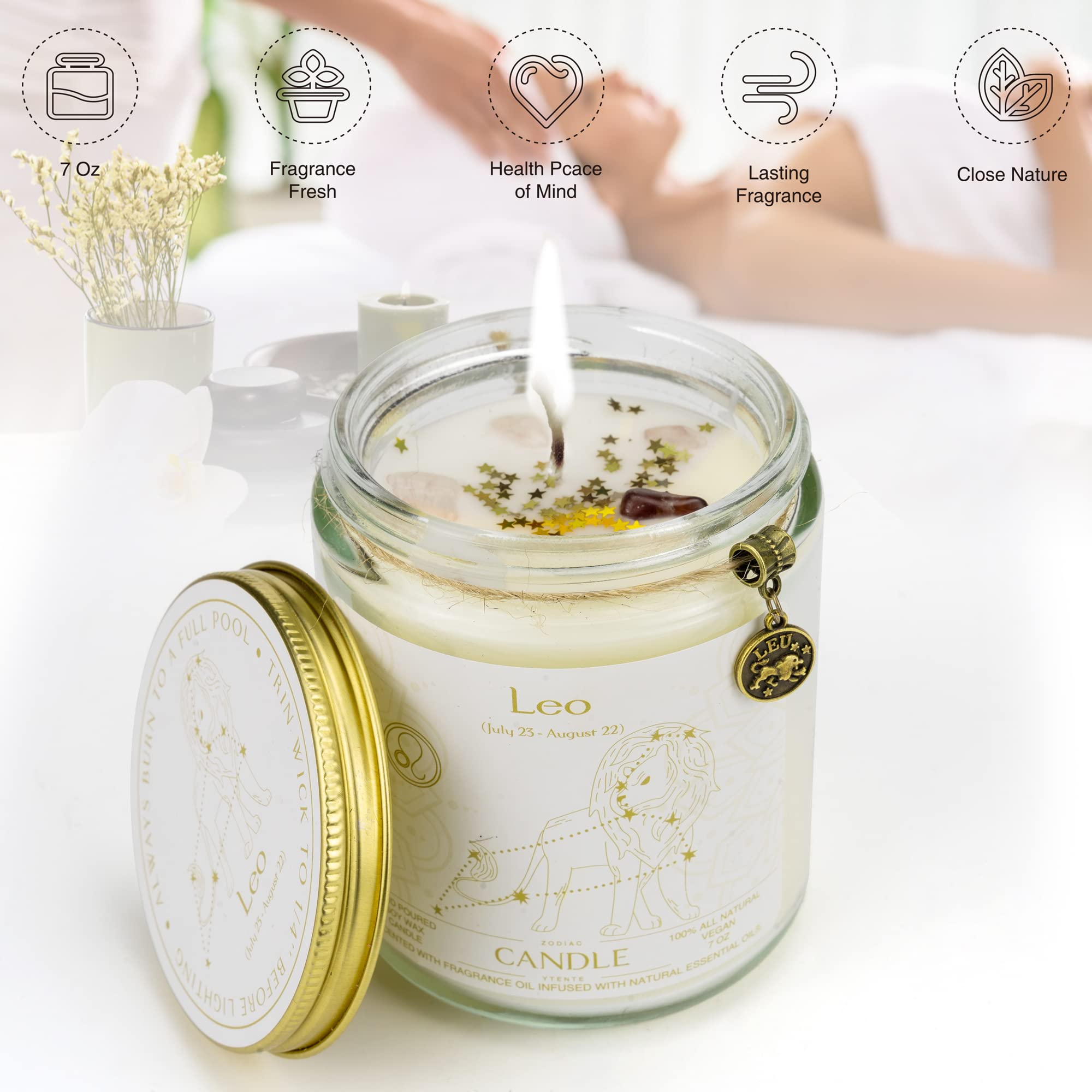 Leo Zodiac Crystal Candles - Astrology Gifts for Women, Scented Soy Wax Candle in Glass Jar for Birthday, Sister & Zodiac Sign Lovers | Perfect for Meditation, Home Decor & Relaxation Gifts