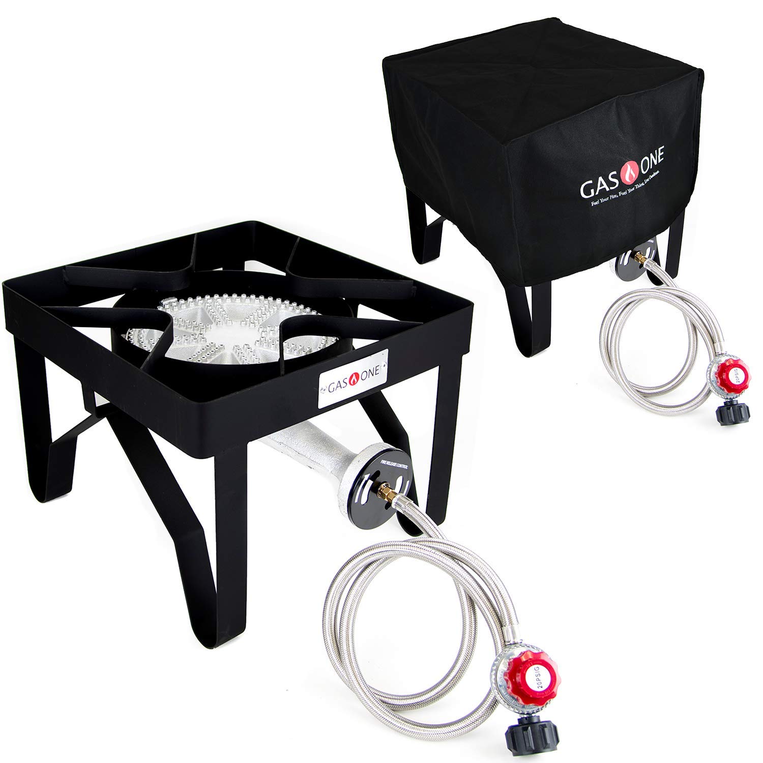 Gas One 200,000 BTU High-Pressure Propane Burner with Cover - Outdoor Camping Stove & Turkey Fryer with Adjustable 0-20PSI Regulator & Steel Braided Hose - Ideal for Home Brewing, Deep Frying, Outdoor Cooking & Backyard BBQ