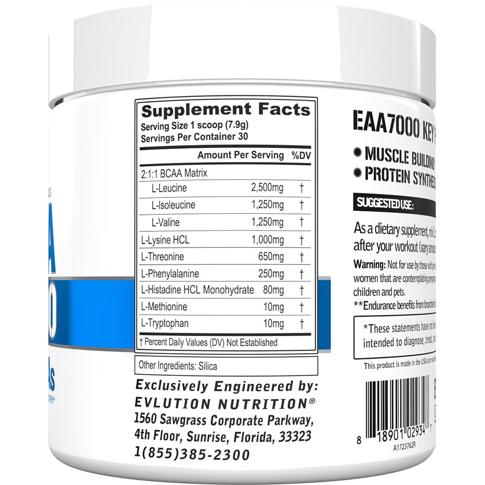 EVLution Nutrition EAA 7000 Essential Amino Acids Powder - Unflavored 237g for Muscle Recovery & Workout Performance | Pre & Post Workout Supplement for Athletes & Fitness Enthusiasts