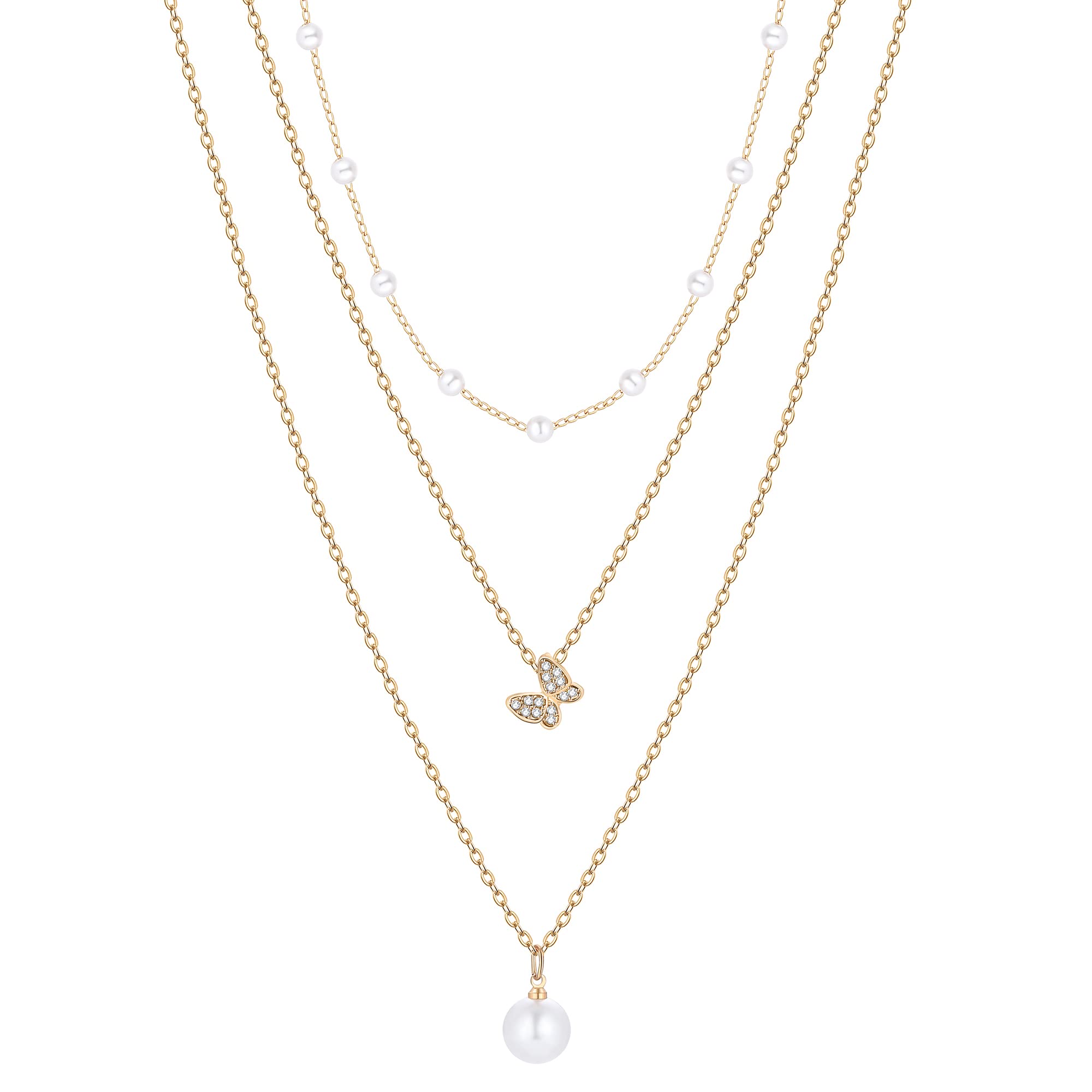 Elegant Layered Pearl Butterfly Pendant Necklace for Women - Crystal Butterfly Dainty Link Chain Detachable Clavicle Necklace Jewelry Gift for Her | Perfect for Weddings, Parties & Everyday Wear