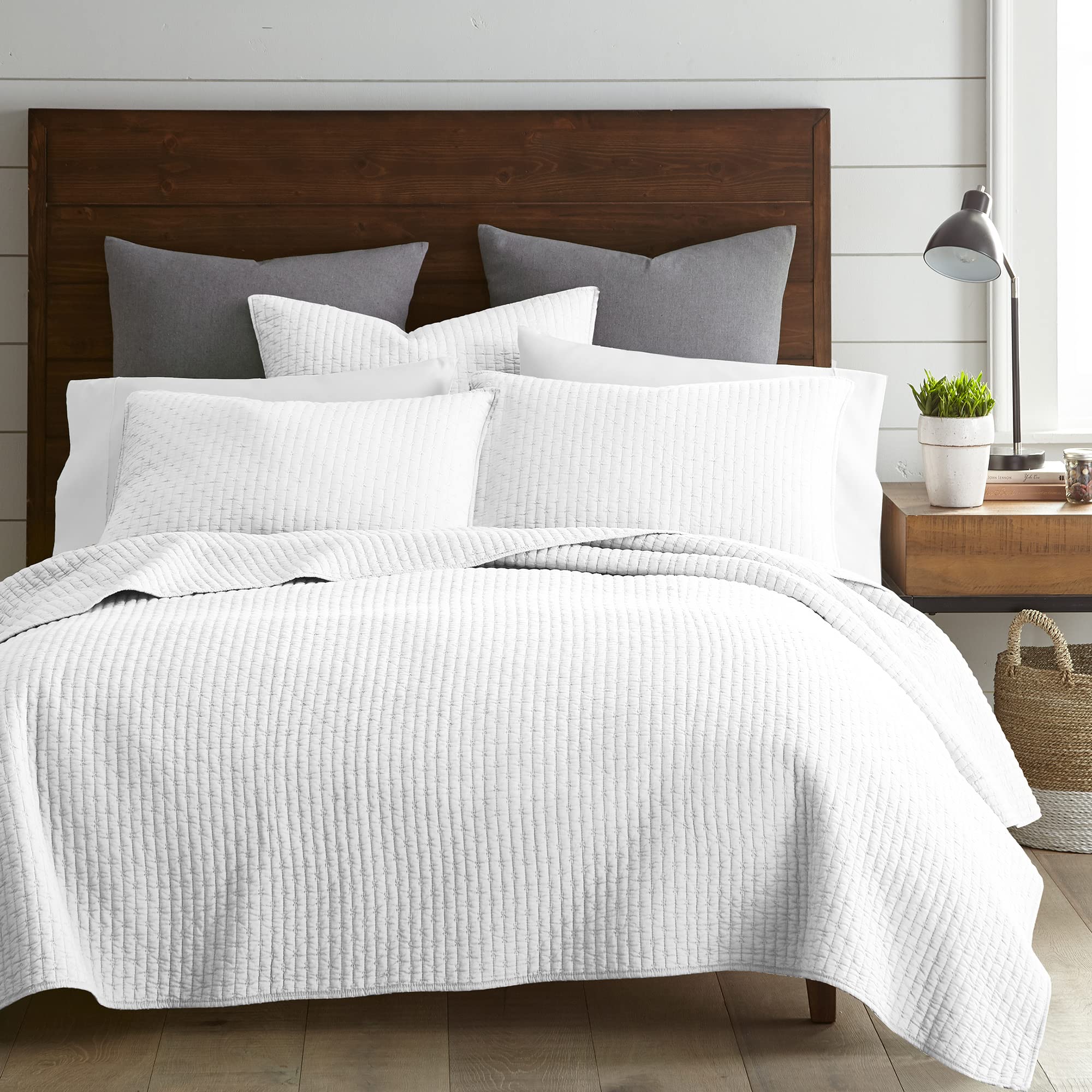 Levtex Home 100% Cotton Reversible Cross Stitch Bright White Quilt Set - Full/Queen Size (88x92in) with 2 Standard Shams (26x20in) - Soft Bedding for Cozy Bedrooms & Guest Rooms