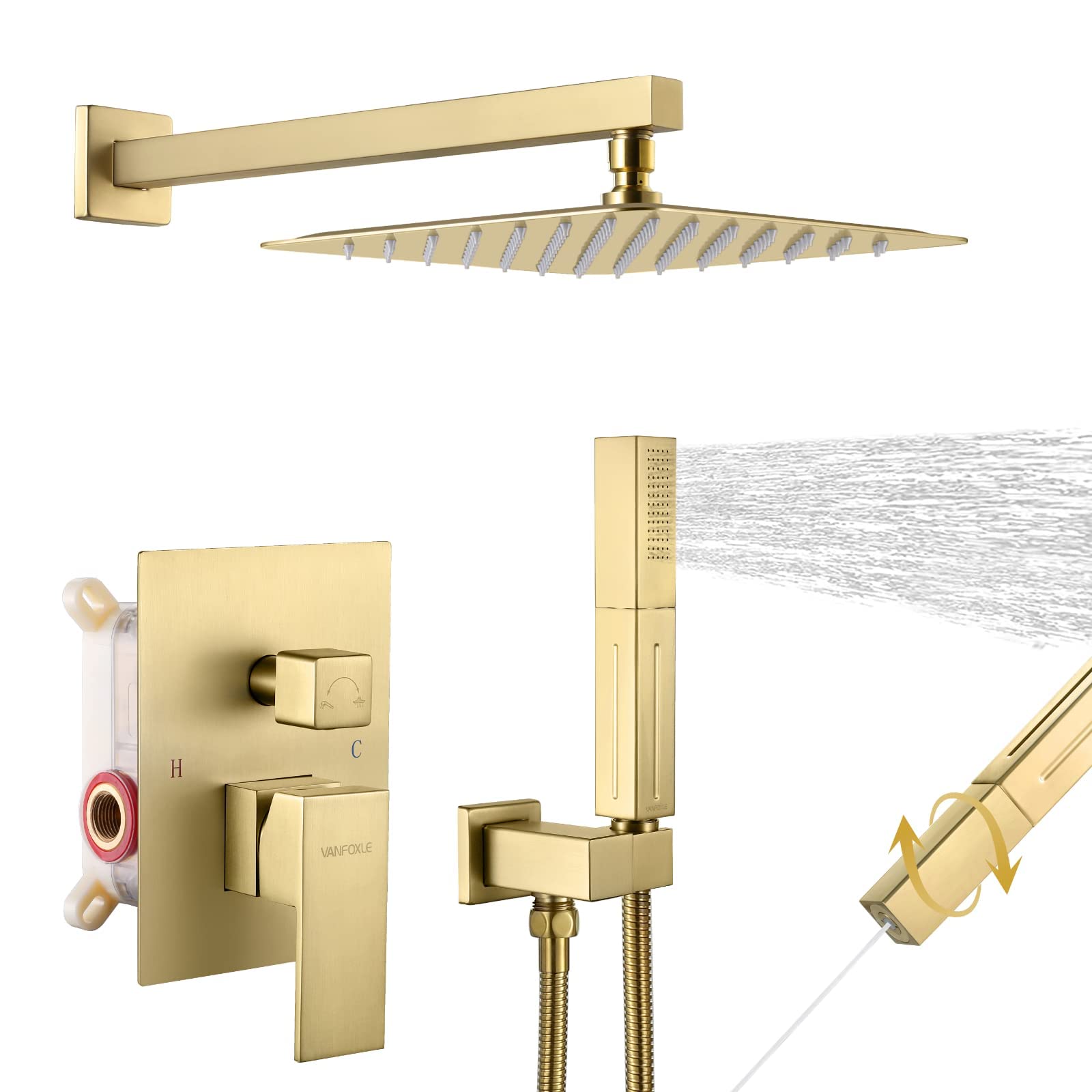 VANFOXLE 10 Inch Brushed Gold Luxury Rain Shower System - Wall Mounted Rainfall Shower Head Combo Set with Mixer, Faucet, Rough-In Valve & Trim - Perfect for Modern Bathroom & Spa Experience