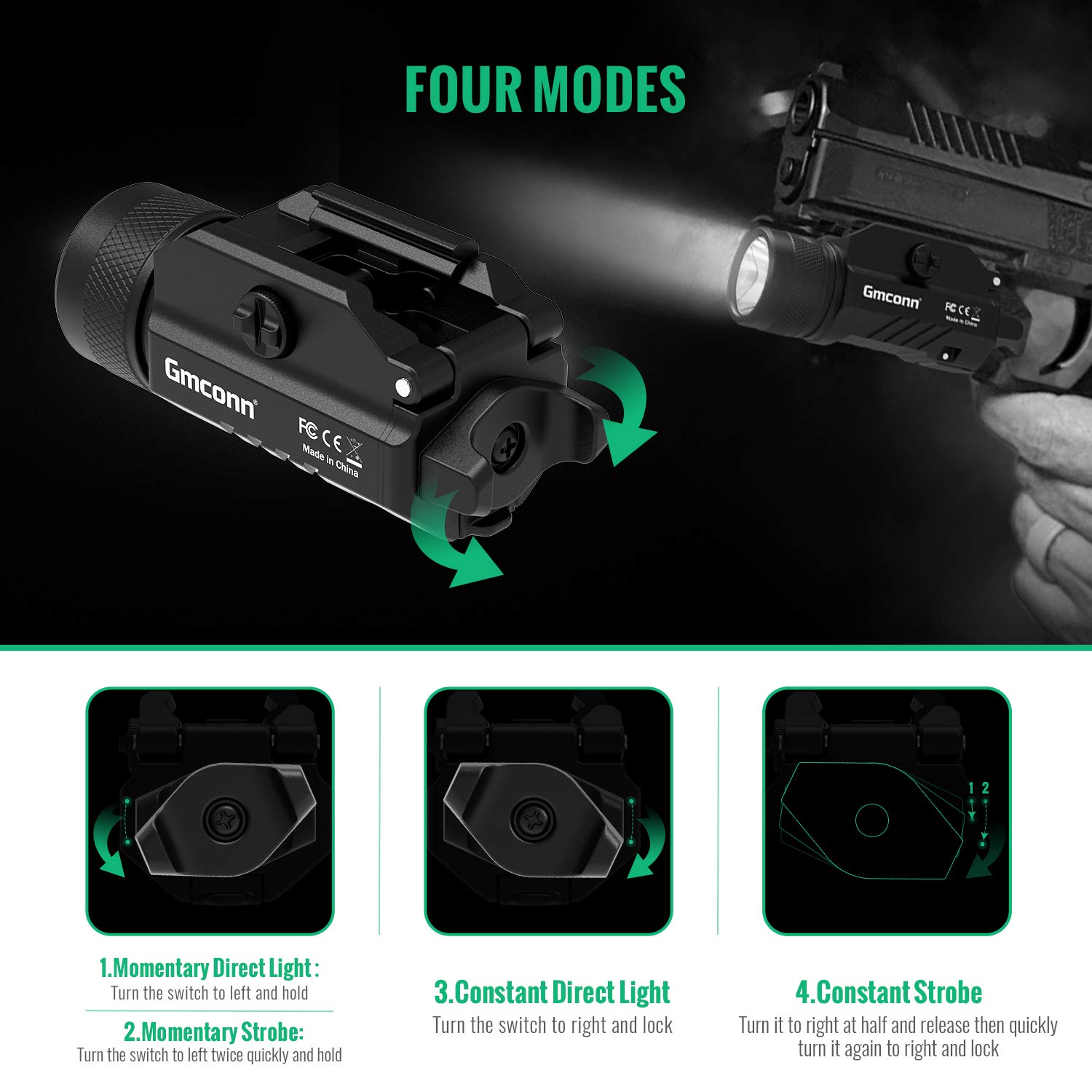 Gmconn 1200 Lumens Tactical Rail Mounted Pistol Light - Compact LED Strobe Flashlight for Handguns with 2 CR123A Batteries - Perfect for Home Defense, Hunting & Law Enforcement Use