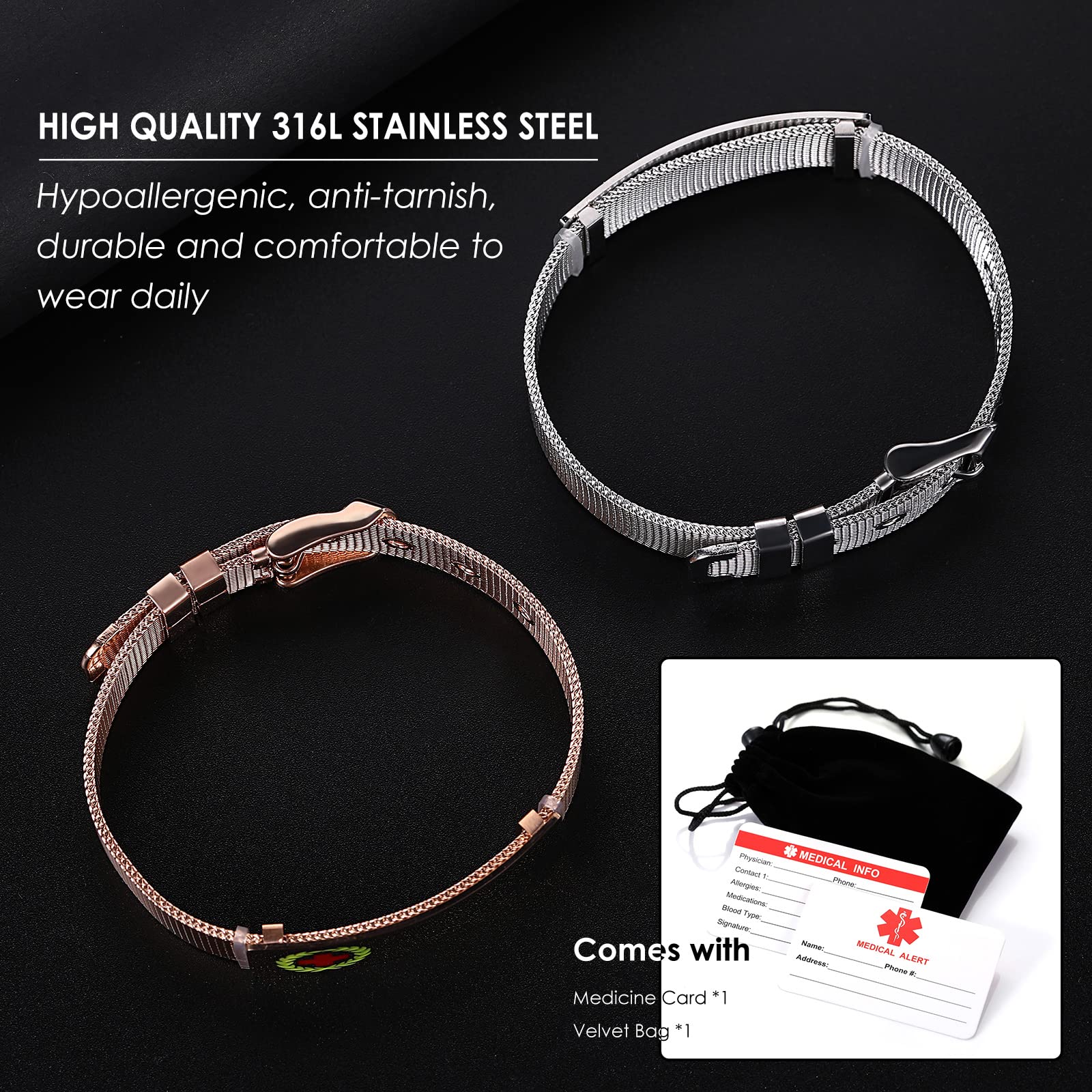 Custom Medical ID Bracelets for Women & Girls - Personalized Stainless Steel Mesh Emergency Alert Bracelet with Free Engraving & Adjustable Wristband | Perfect for Daily Wear, Travel & Health Safety