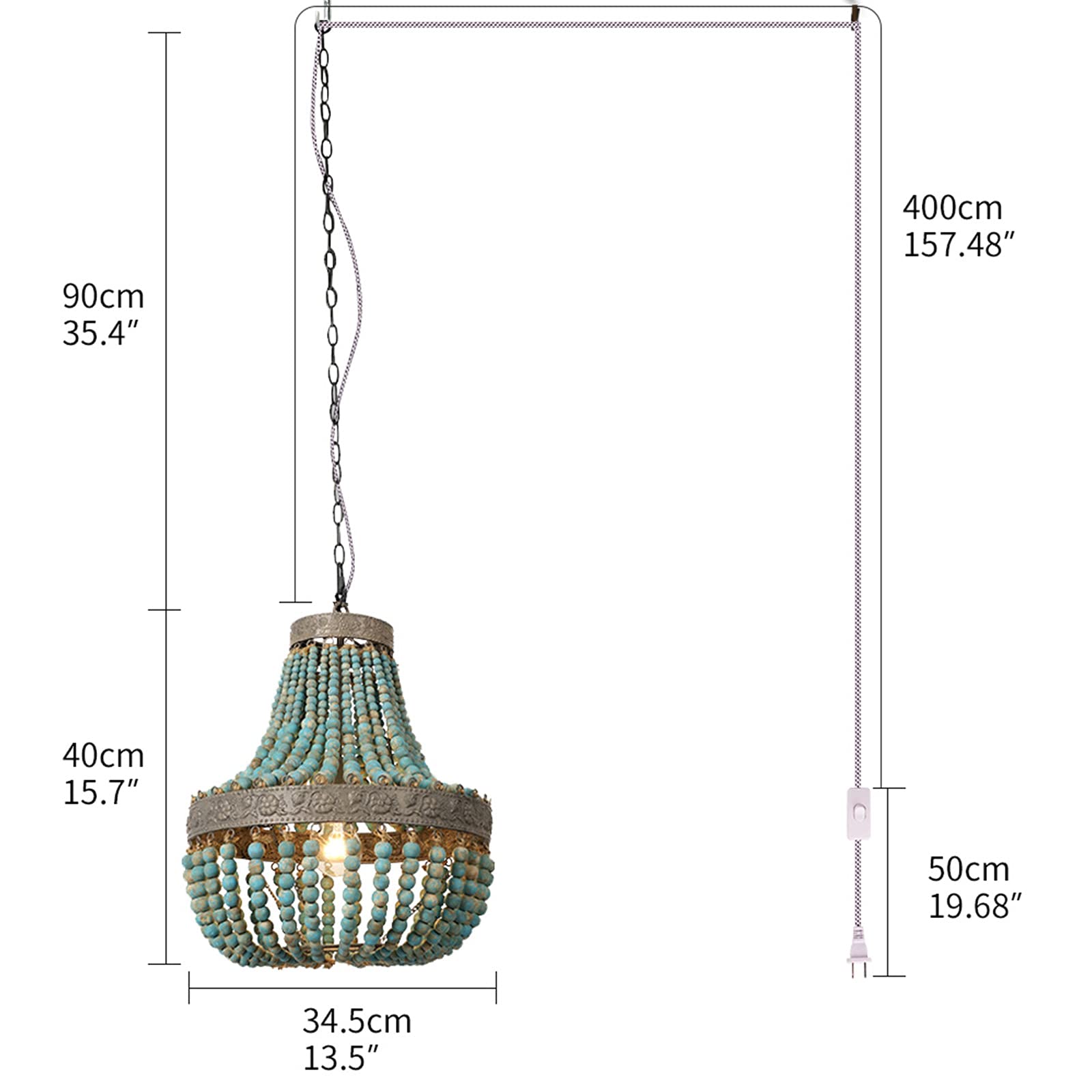 Bohemian Blue Wood Bead Chandelier Pendant Light - Handcrafted Wooden Bead Ceiling Lamp with Plug-in Cord for Bedroom, Island, Dining Room - Perfect for Coastal, Beach House & Boho Home Decor