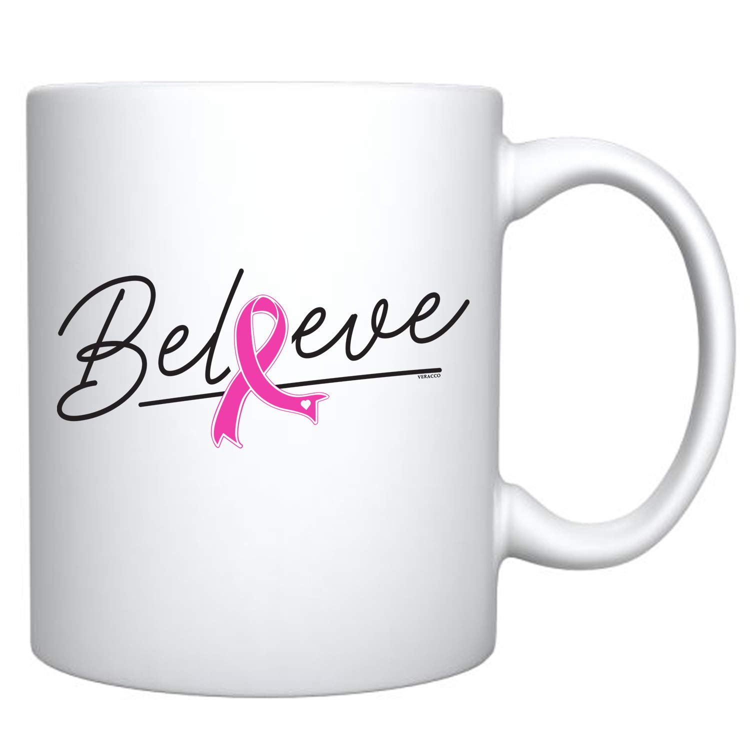 Veracco Believe Ribbon Ceramic Coffee Mug - 15oz Breast Cancer Awareness Gift with Pink Ribbon Design, Inspirational White Cup for Tea & Coffee - Perfect for Survivors, Fundraisers & Supportive Gifts