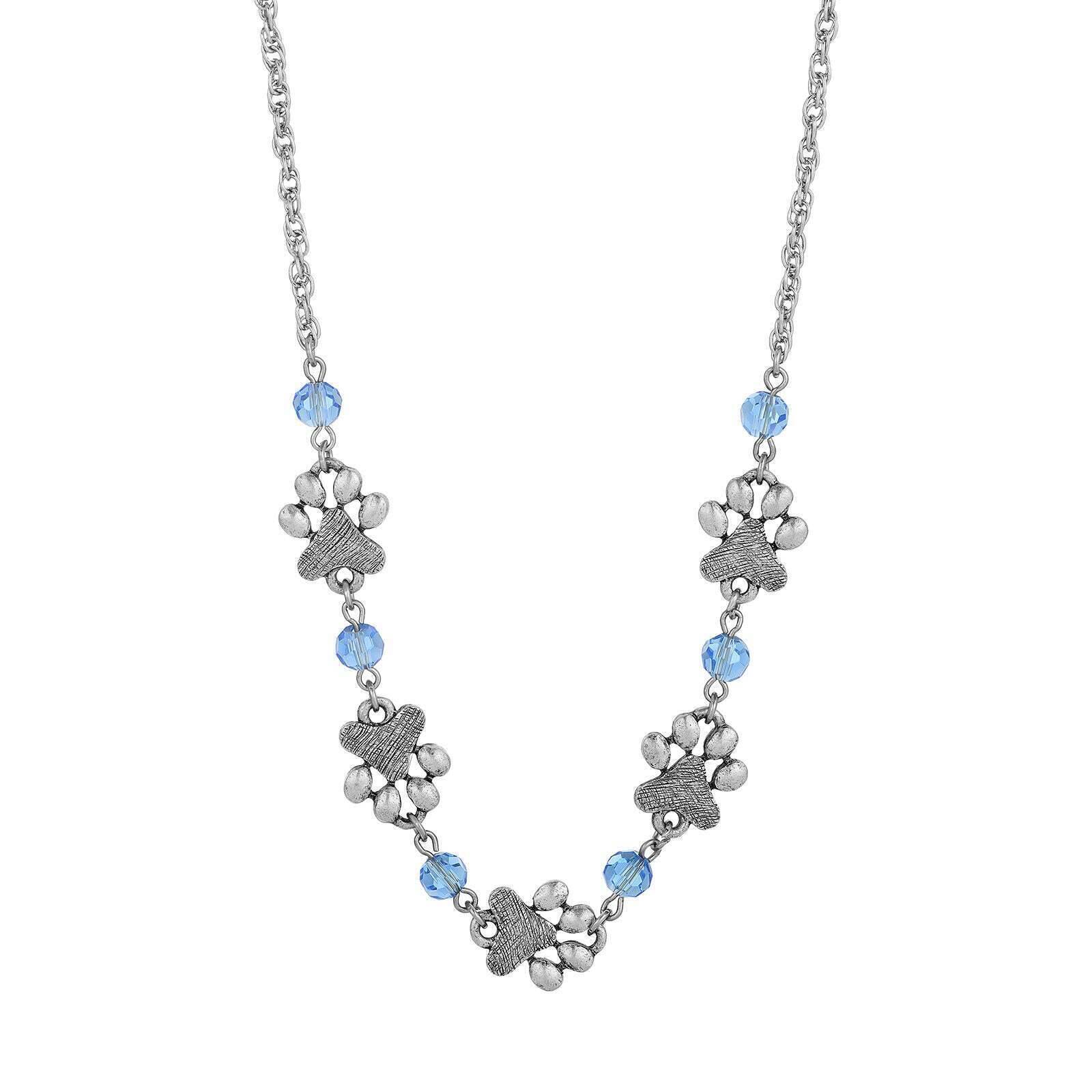 1928 Jewelry Light Blue Sapphire Bead Pewter Paw Necklace - 16