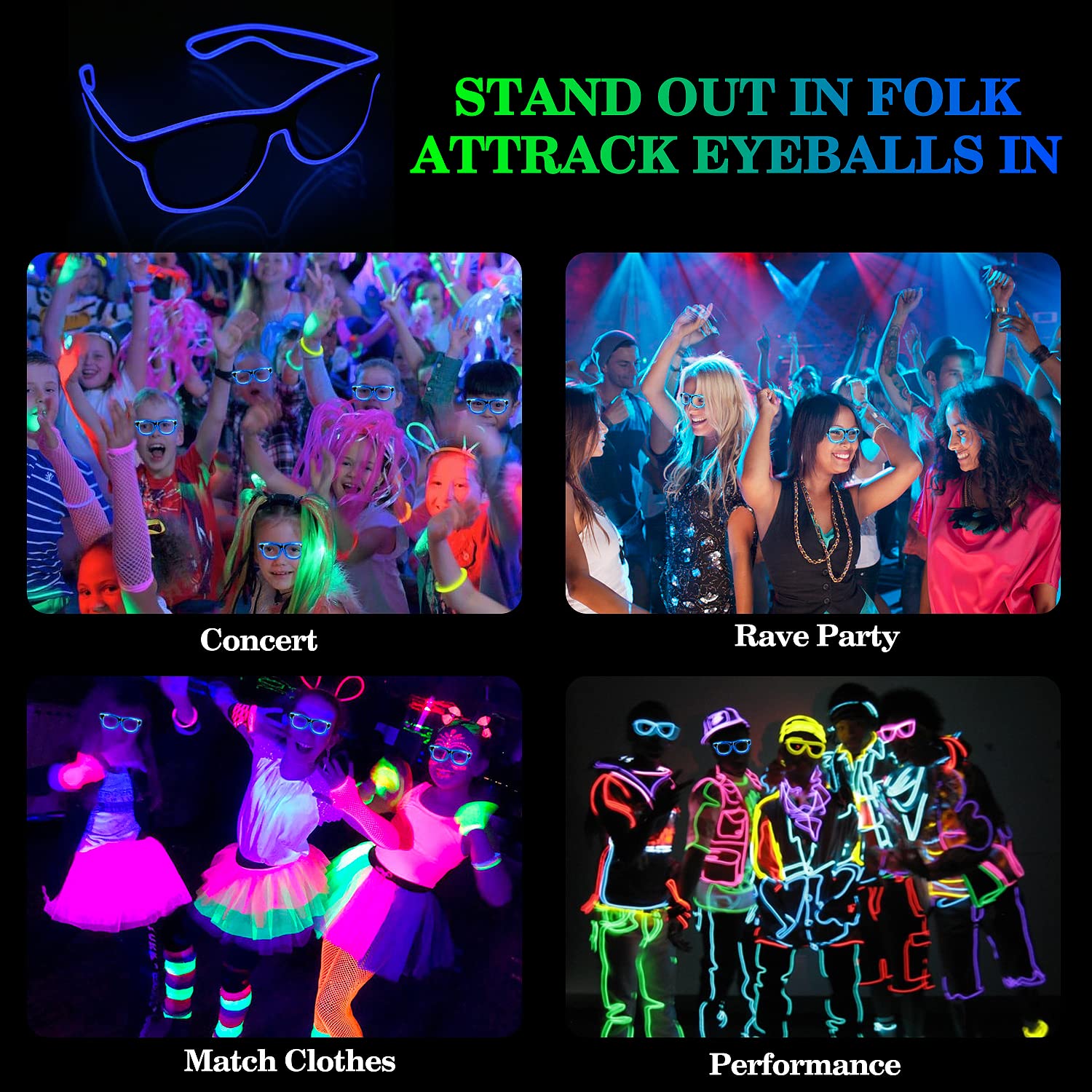 YouRfocus Wireless LED Light Up Glasses 3 Pack - Glow in The Dark Neon Rave Glasses for EDM Parties, Concerts, Festivals & Nightclubs - Perfect for Halloween, Raves, DJ Events & Glow Parties