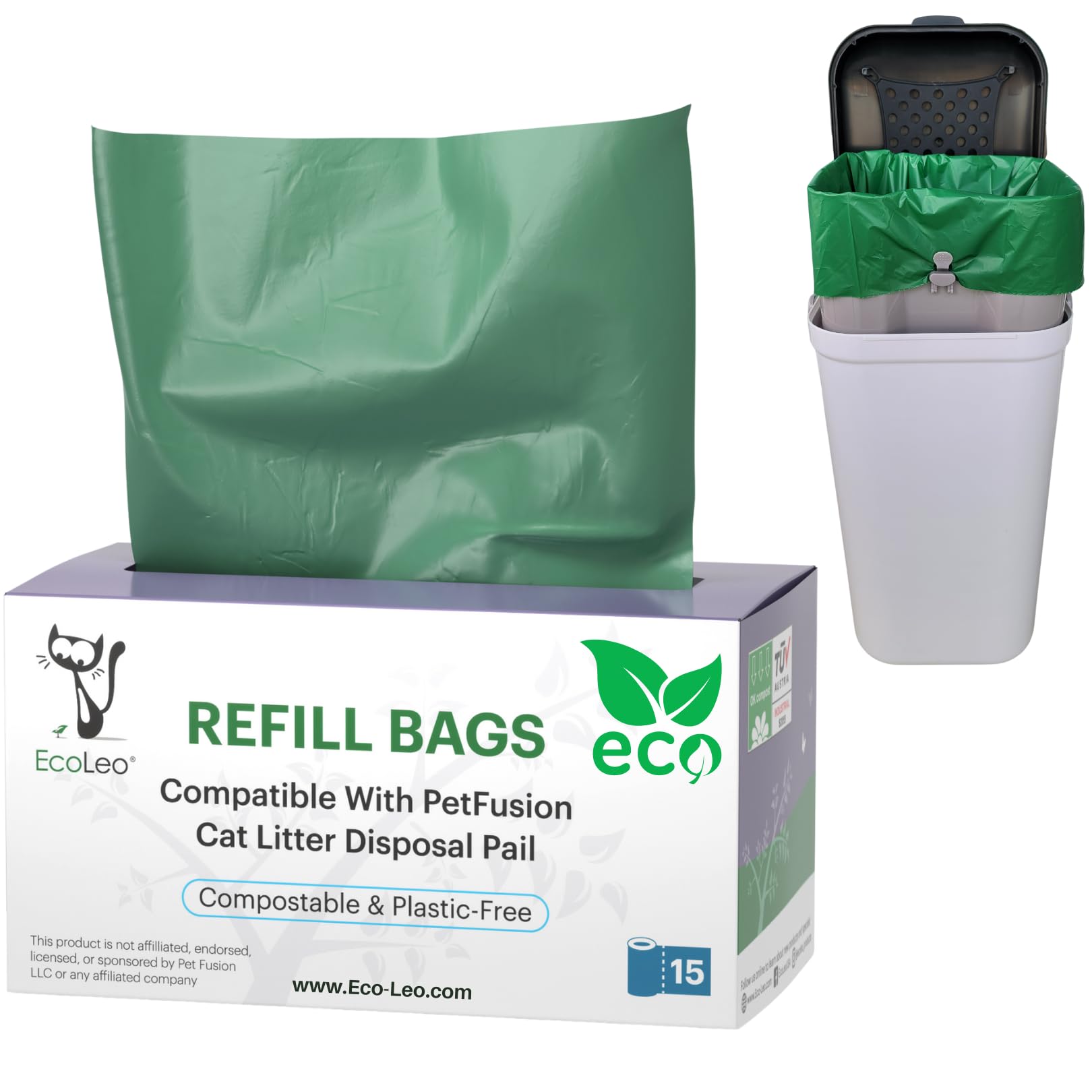 PetFusion Compatible Compostable Dog Waste Station & Cat Litter Pail Bags - 15 Pack Plant-Based Durable Replacement Liners for Pet Waste Disposal | Home, Yard & Travel Use