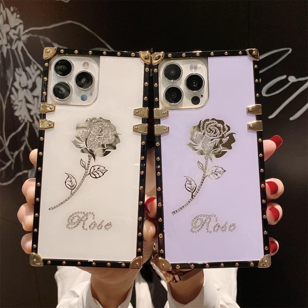 Retro Square Glitter Phone Case for Samsung Galaxy S20 Ultra - Soft TPU with Metal Edge Bumper, Diamond Rose Flower Design, Shockproof & Kickstand Protective Cover (Purple) - Perfect for Women & Girls, Ideal for Daily Use, Work, Travel and Special Occasions