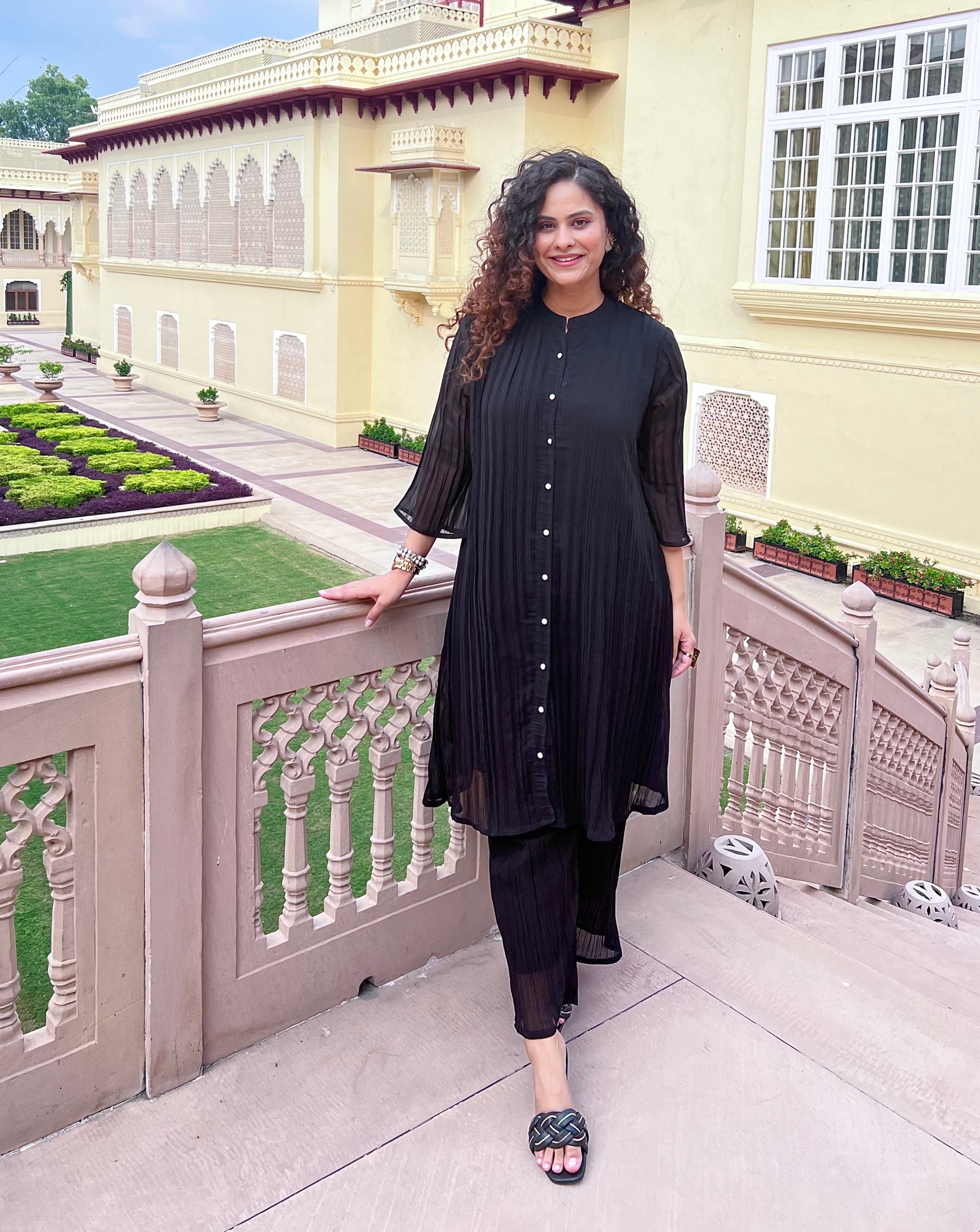 Elegant Black Chiffon Pearl Embellished Co-Ordinate Set for Women | Formal Evening Wear & Special Occasion Outfit