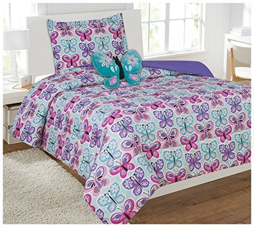Linen Plus Twin Comforter Set for Girls & Teens - Light Blue, Turquoise, Pink, Purple Butterfly Design - Soft Bedding Set with Sheets | Perfect for Kids' Rooms, Dorm Decor & Cozy Sleep