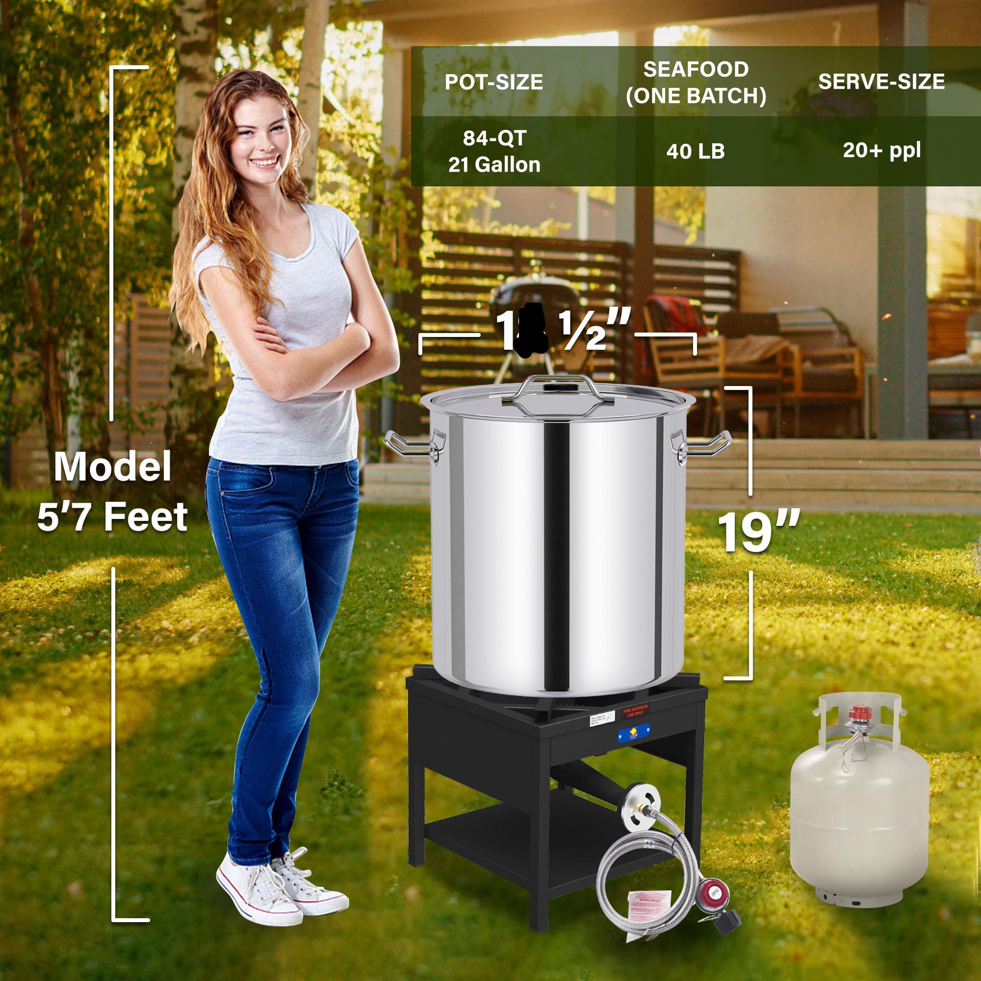 84QT Stainless Steel Propane Fryer Pot with 200,000BTU Burner - Seafood Boil, Crab, Lobster, Shrimp Cooker & Tamale Steamer with Basket - Perfect for Outdoor Cooking, Backyard Parties, and Large Gatherings