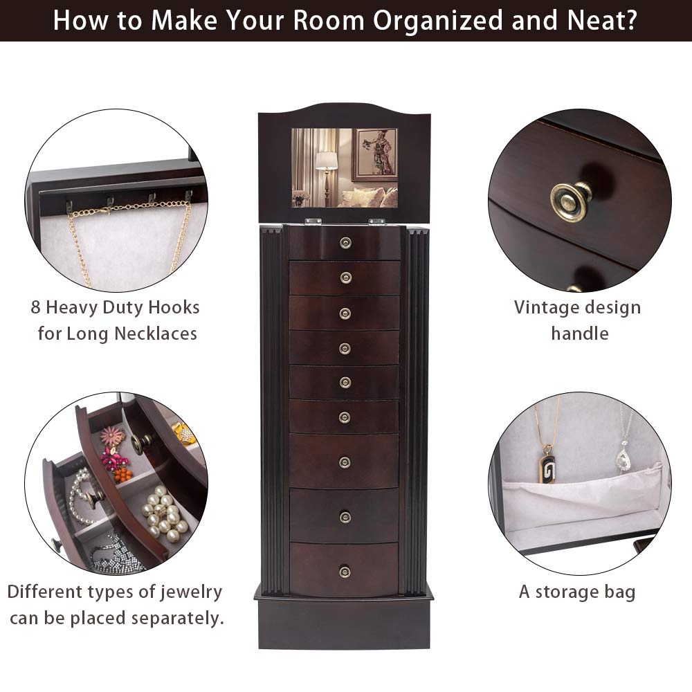 9-Layer Standing Jewelry Armoire Cabinet with 8 Drawers & 2 Swing Doors - Jewelry Box Organizer with 16 Necklace Hooks & Makeup Mirror - Perfect for Bedroom, Closet & Dressing Room Storage
