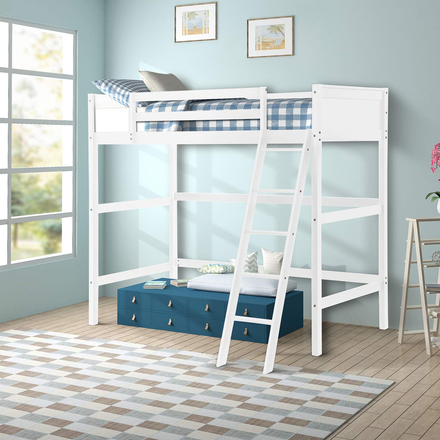 **Danxee Solid Wood Twin-Size Loft Bed with Ladder - Panel Style High Loft Bed for Kids & Teens - Sturdy White Wooden Loft Bed for Small Spaces, Dorm Rooms & Bedroom Furniture**