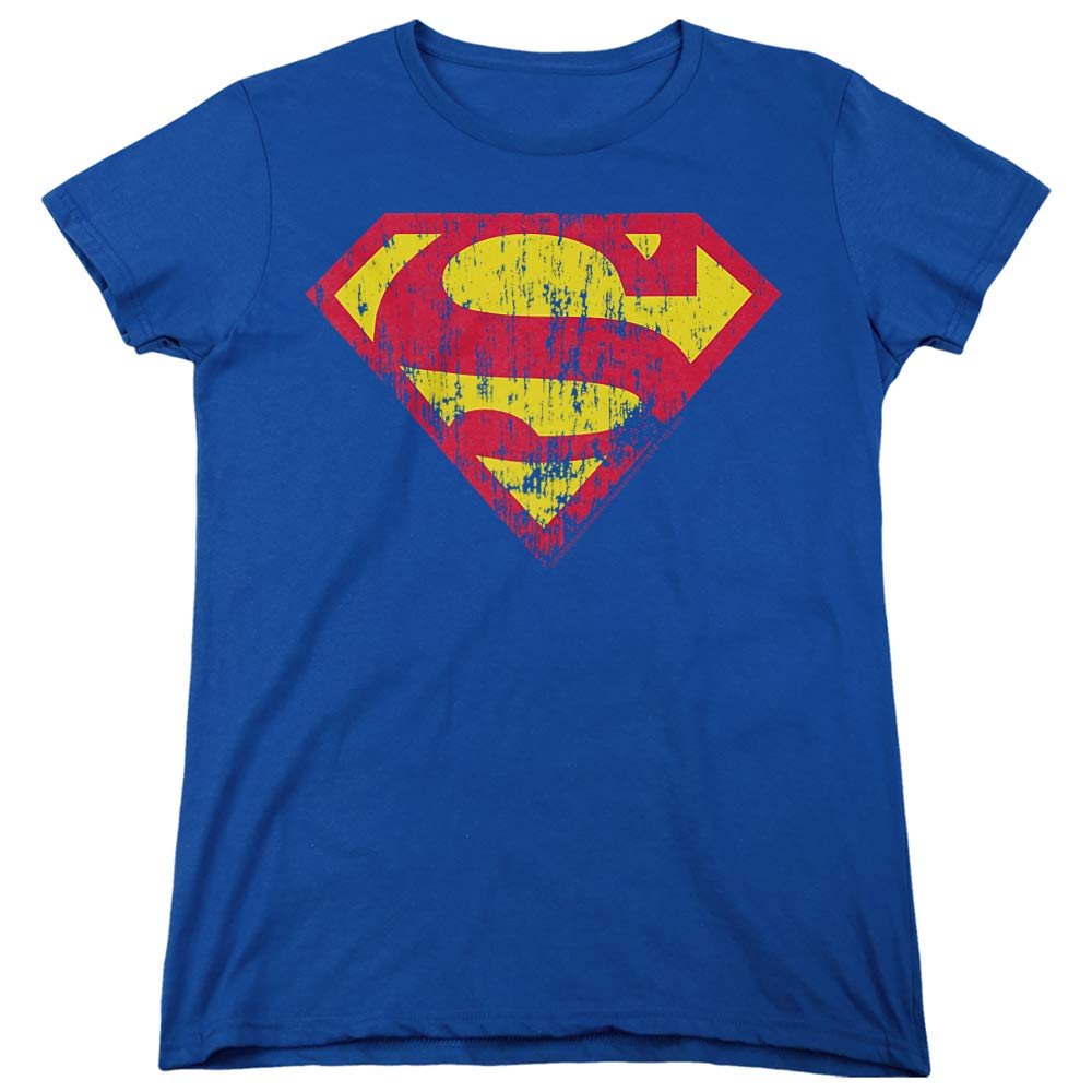 Superman Classic Logo Distressed Women's T-Shirt | Vintage Superhero Graphic Tee for Women | Perfect for Cosplay, Comic Con & Casual Wear