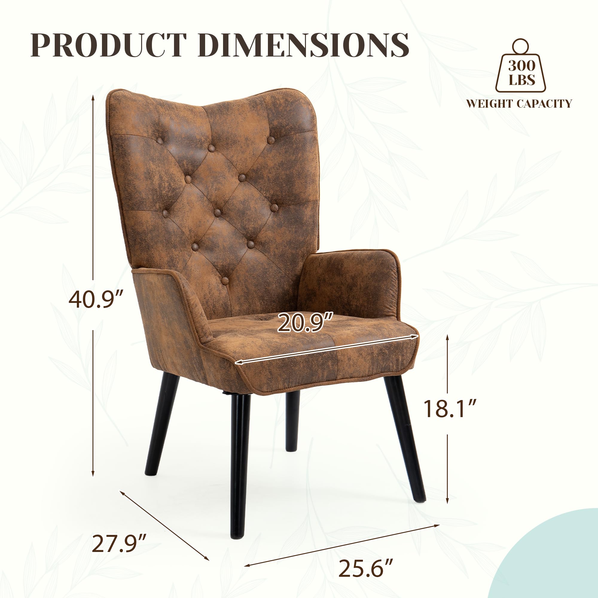 ECOTOUGE Rustic Accent Chair - Brown High Back Microfiber Wingback Armchair for Living Room & Bedroom | Comfortable Reading Chair with Sturdy Arms | Perfect for Cozy Corners, Home Office & Relaxation