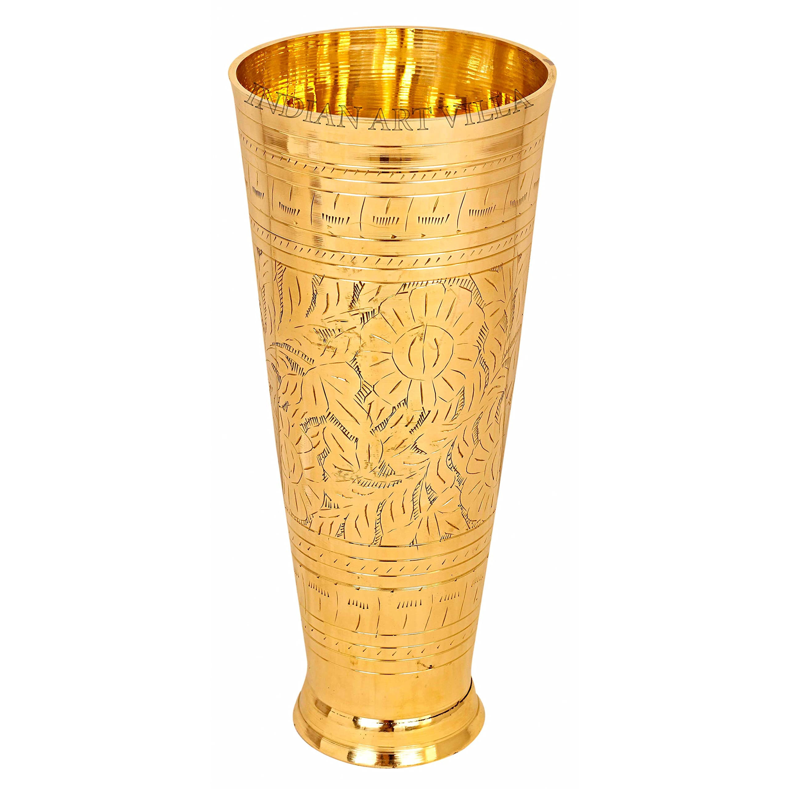 Premium Indian Brass Lassi Glass Tumbler Set - 54oz Embossed Flower Design Drinking Cups (Set of 2) - Perfect for Traditional Yogurt Drinks, Smoothies, and Chilled Beverages at Home or Restaurant