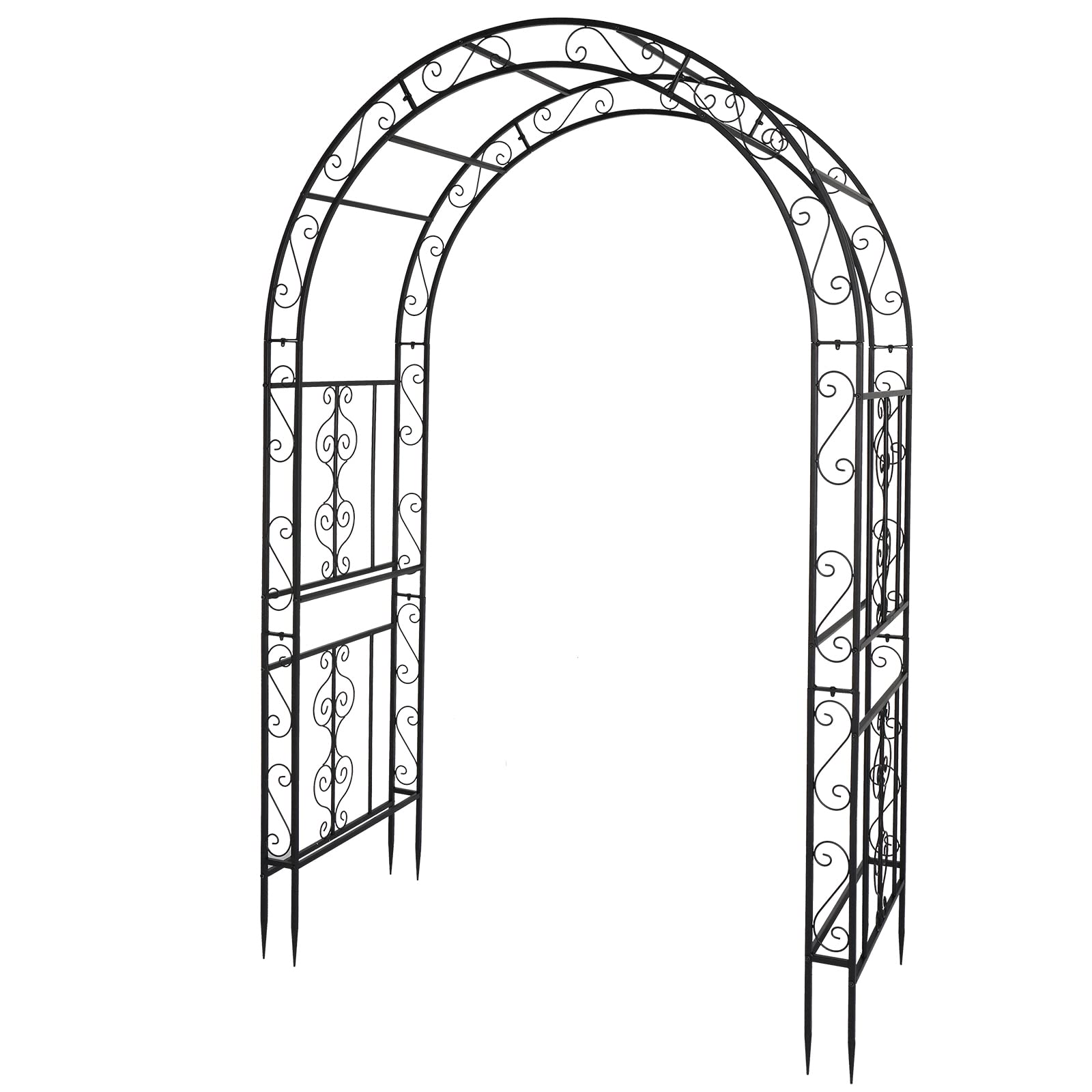 Outvita 7FT Heavy Duty Metal Garden Arch Arbor - Black Decorative Trellis with 7 Inch Ground Stakes for Climbing Roses, Vines & Wedding Decor | Perfect for Courtyard, Patio, Lawn & Outdoor Ceremonies