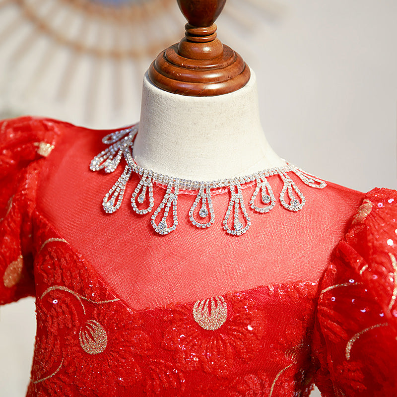 Red Lace A-Line Flower Girl Dress with Short Puff Sleeves & Bow - Elegant Floor-Length Dress for Weddings, Parties & Special Occasions