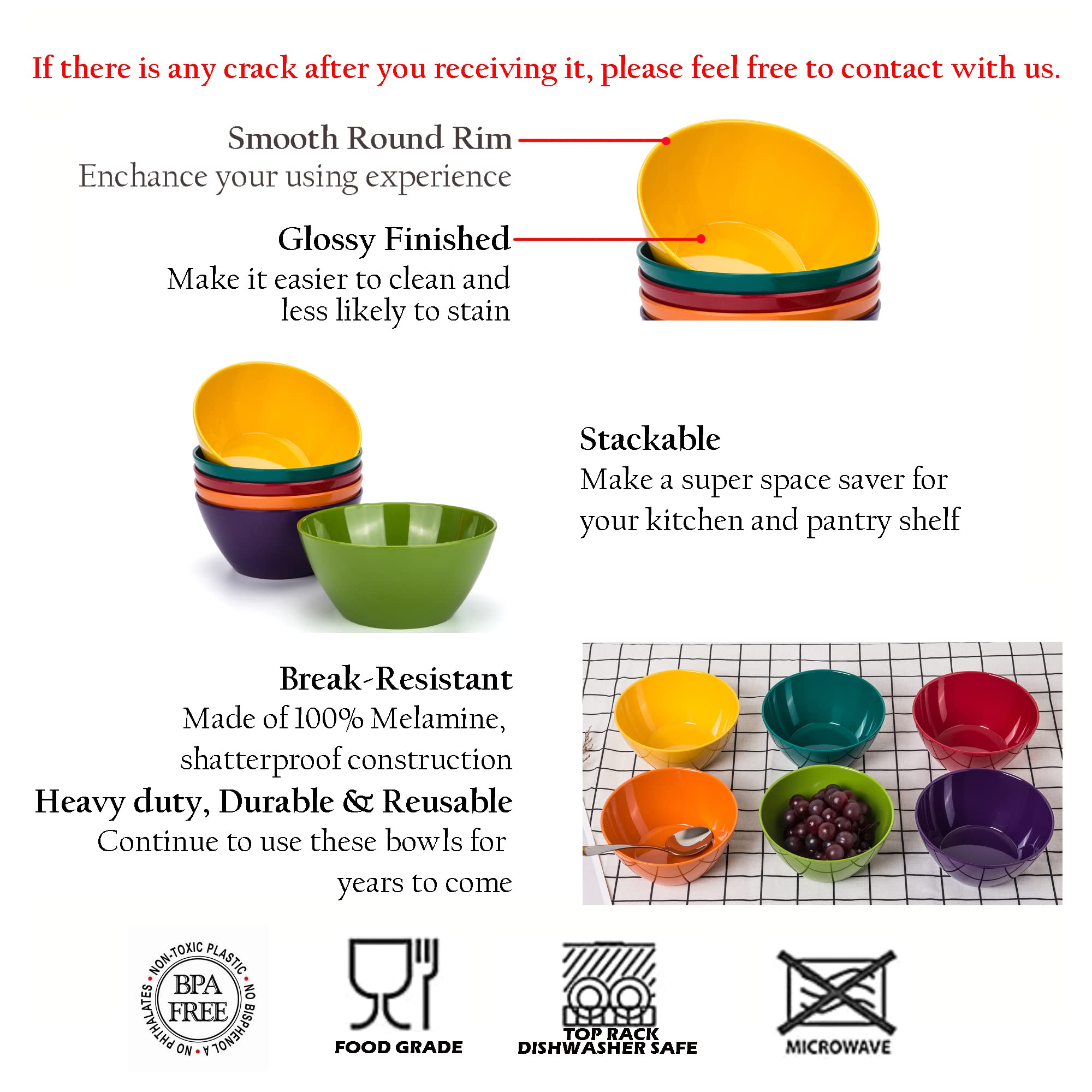 KOXIN 6-inch Melamine Bowls Set of 6 - BPA Free & Dishwasher Safe for Cereal & Salad