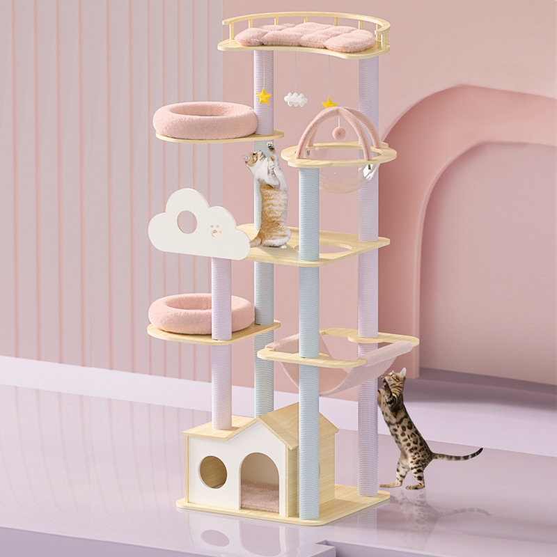 170cm Tall Pink Wooden Cat Tree for Large Cats - Multi-Level Playhouse with Scratching Posts, Perches & Condo - Perfect for Indoor Climbing, Scratching & Napping