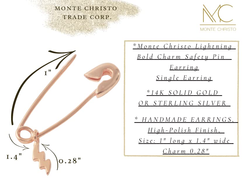 Monte Cristo Safety Pin Charm Earring - 14K Gold Single Hoop Earring for Women | Trendy Lightning Bolt Design | Made in USA | Perfect for Casual Wear, Parties & Gifts