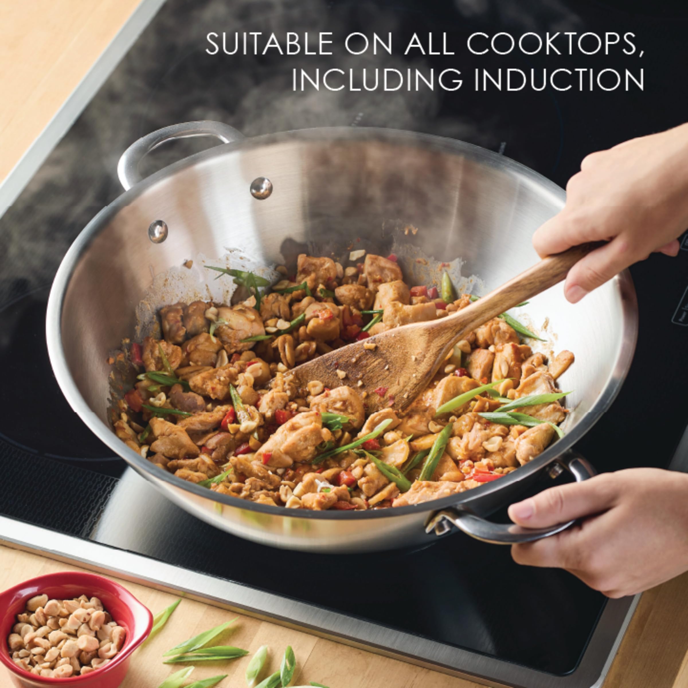 Rachael Ray Professional 14-Inch Stainless Steel Wok & Stir-Fry Pan - Induction Ready, All Cooktop Compatible, Dishwasher & Metal Utensil Safe - Perfect for Asian Cooking, Stir-Frying & High-Heat Searing