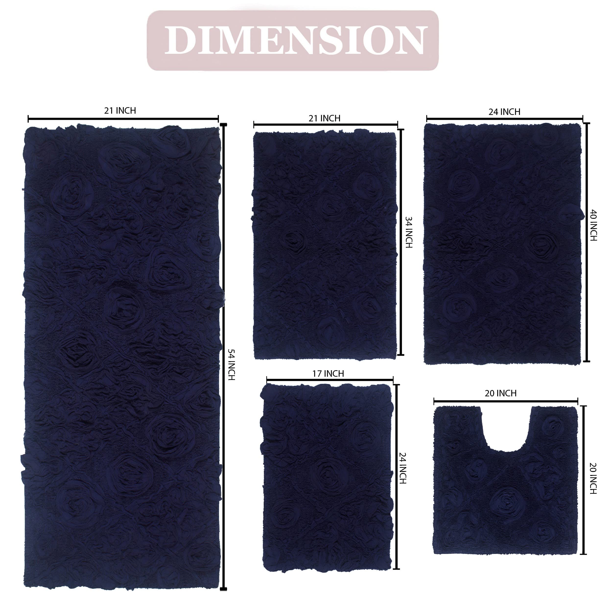 Premium 100% Cotton Bath Rug Set - 5 Piece Non-Slip, Washable & Super Absorbent Bathroom Mats for Bathroom & Kitchen Floor - Soft Contour Design in Navy Blue - Perfect for Bathroom Safety & Home Decor