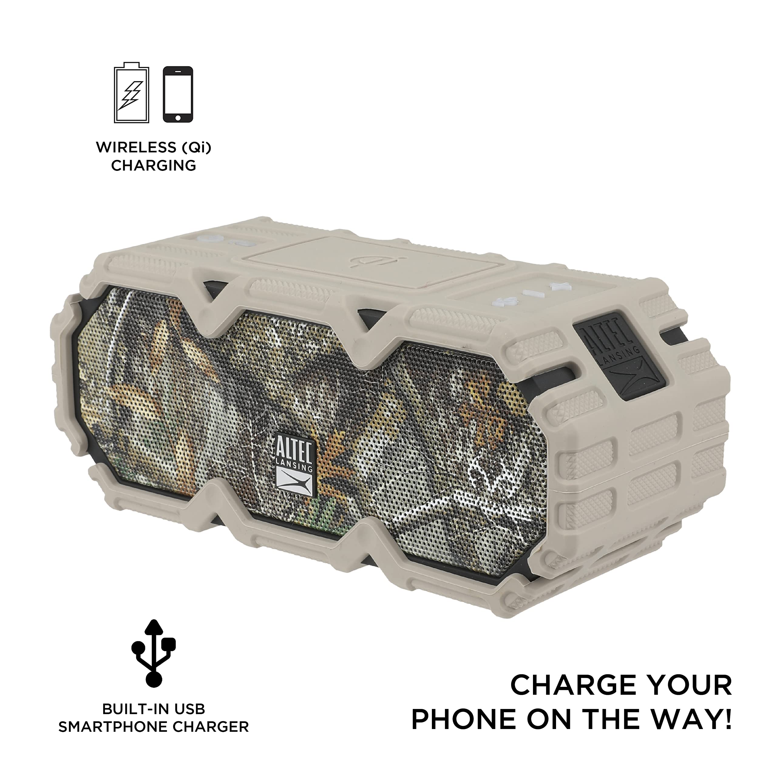 Altec Lansing x Realtree® IMW580 Rugged Bluetooth Speaker with Qi Wireless Charging | 20-Hour Battery Life | IP67 Waterproof | Heavy-Duty Design | LED Lights | 100ft Wireless Range | Voice Assistant | Perfect for Camping, Hiking & Outdoor Adventures