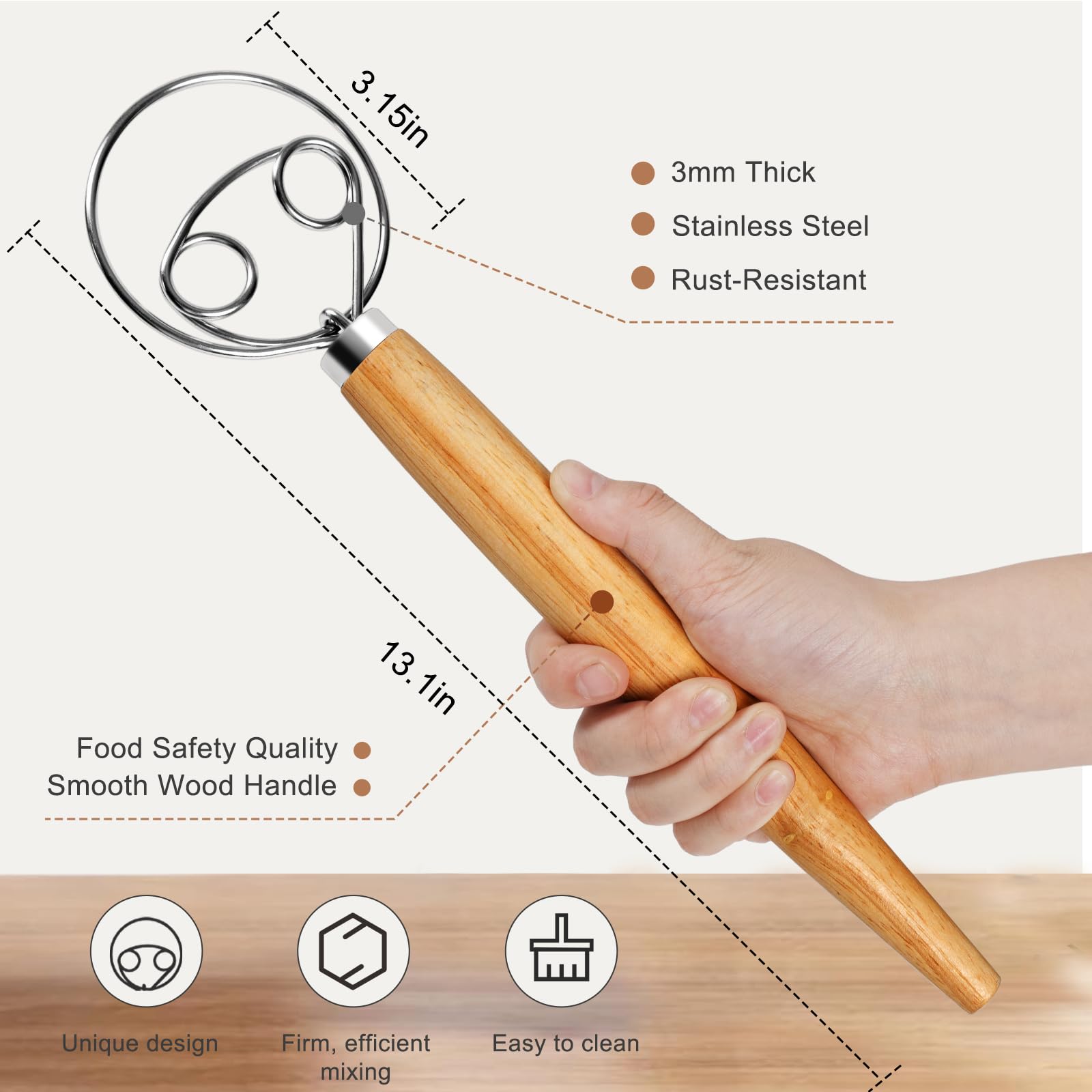Premium Stainless Steel Danish Dough Whisk - 13 Inch Large Bread Mixer for Baking, Traditional Dutch Style Whisking Tool with Cleaning Brush - Perfect for Homemade Bread, Pizza Dough & Pastry Making