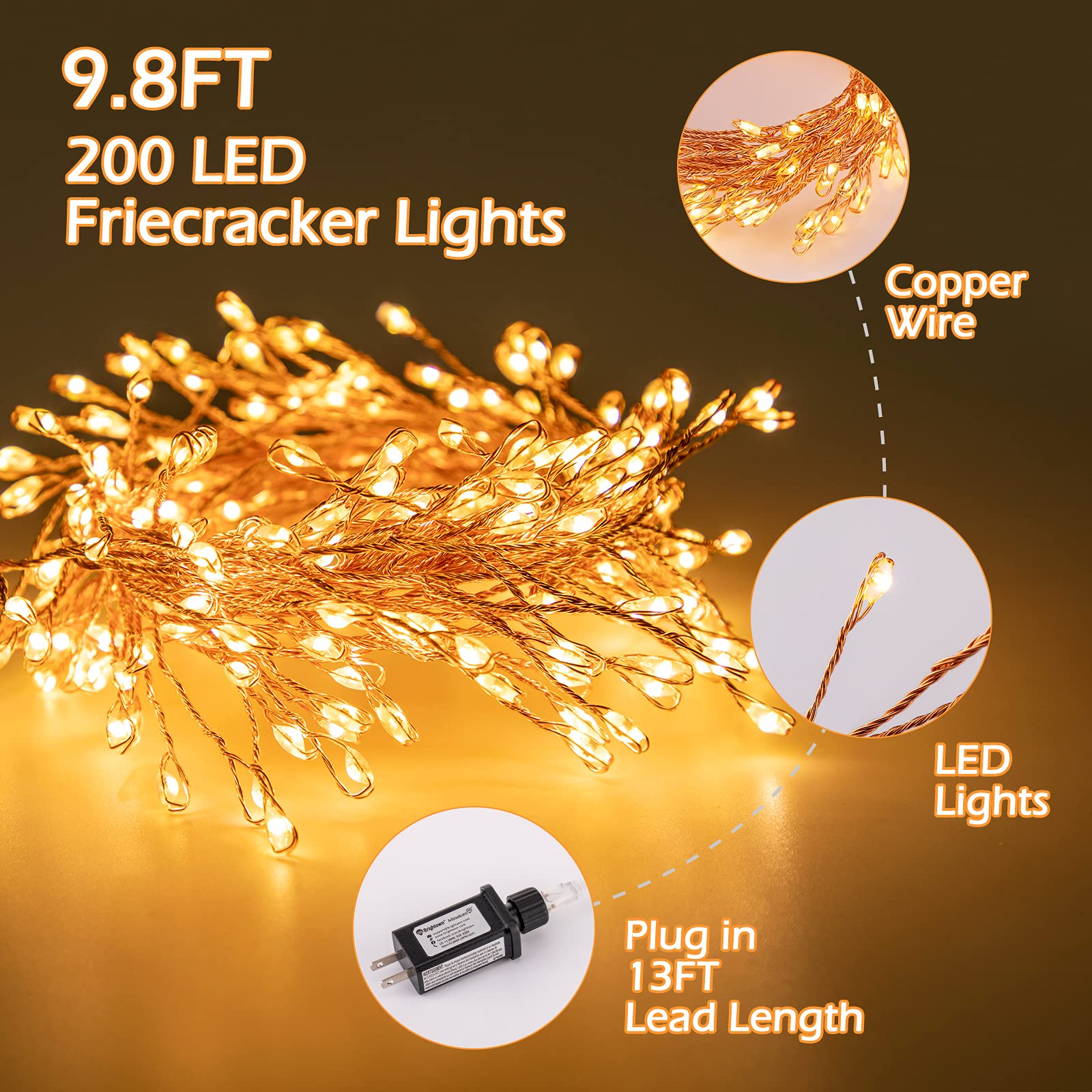 Minetom 200 LED Copper Wire Fairy Lights - 10Ft Waterproof Plug-in Firecracker String Lights for Christmas Tree, Bedroom, Wedding & Home Decor (Warm White) | Perfect for Ceiling, Wreath, Window & Party Decorations