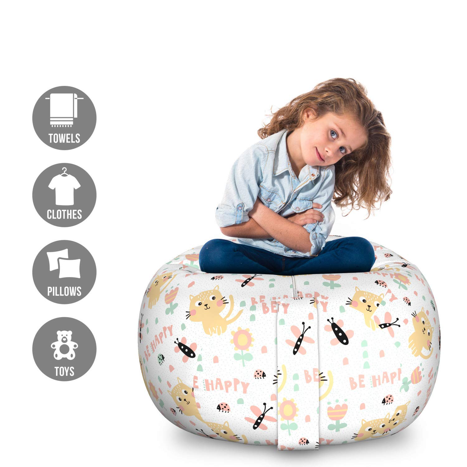 Ambesonne Kids Cartoon Toy Storage Bag Chair - Pastel Kitten Butterfly Ladybug & Flower Design, Large Washable Stuffed Animal Organizer for Bedroom, Playroom & Nursery | Multicolor
