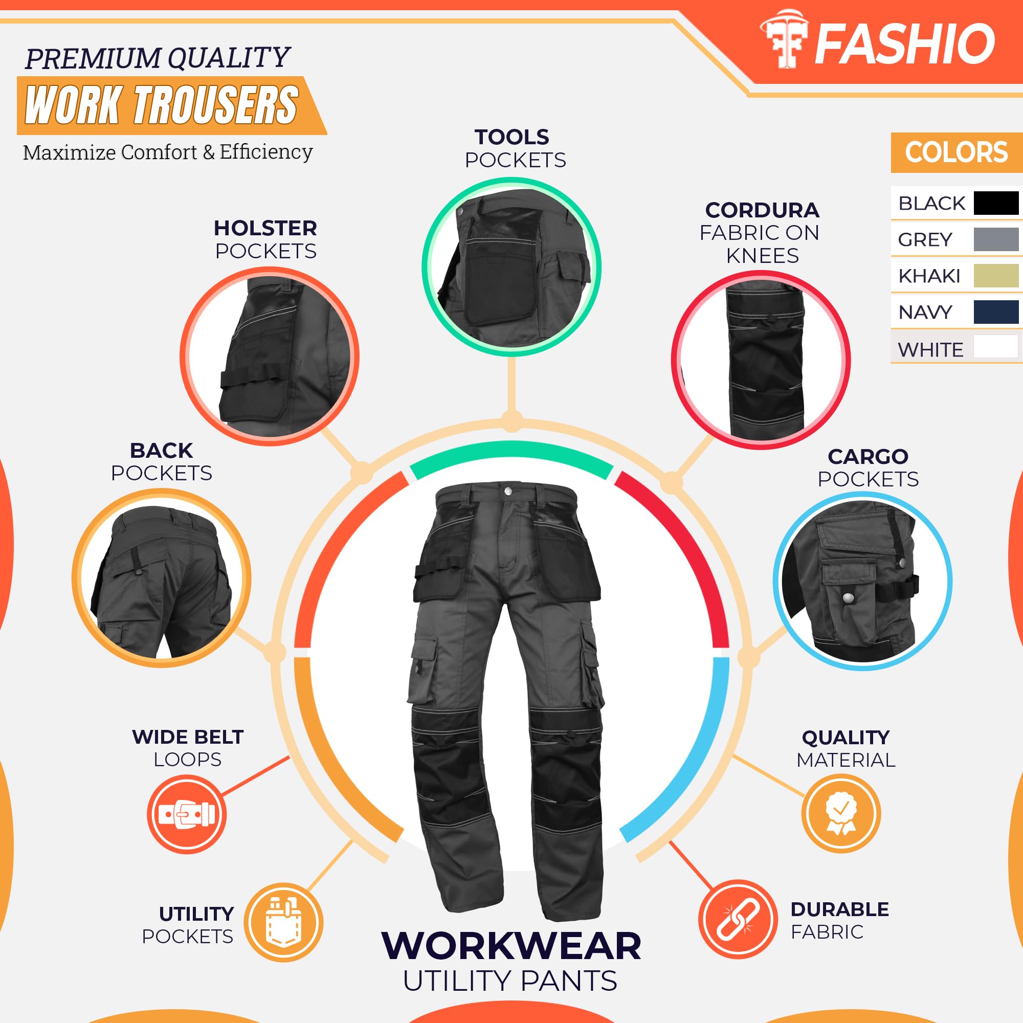 **Fashion FF Men's Cordura Work Pants - Tactical Utility Pants with Reinforced Knees & Tool Pockets - Heavy Duty Carpenter Safety Trousers for Construction, Hiking & Outdoor Work**