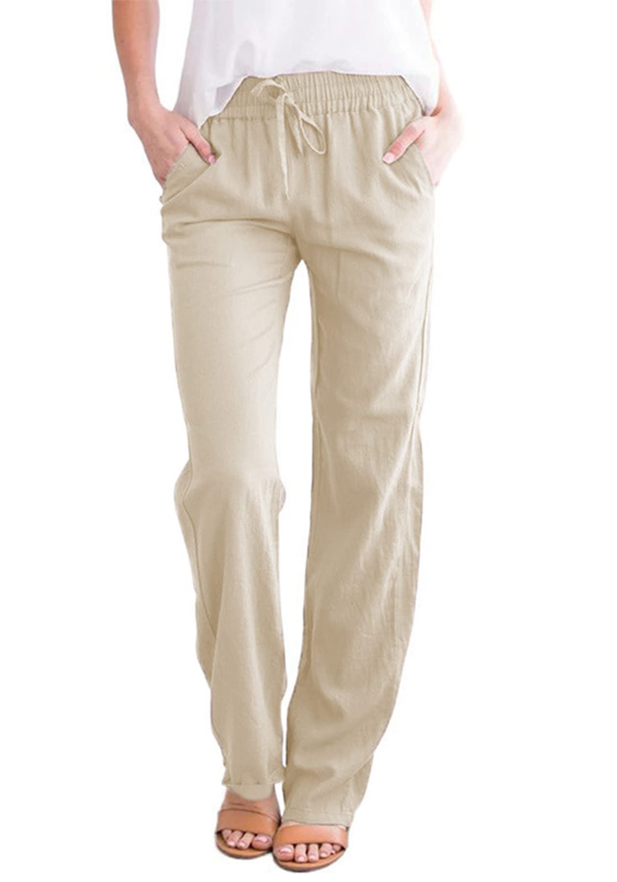 LAJIOJIO Women's High Waist Cotton Linen Pants - Breathable Drawstring Wide Leg Trousers with Pockets for Casual, Office & Travel Wear