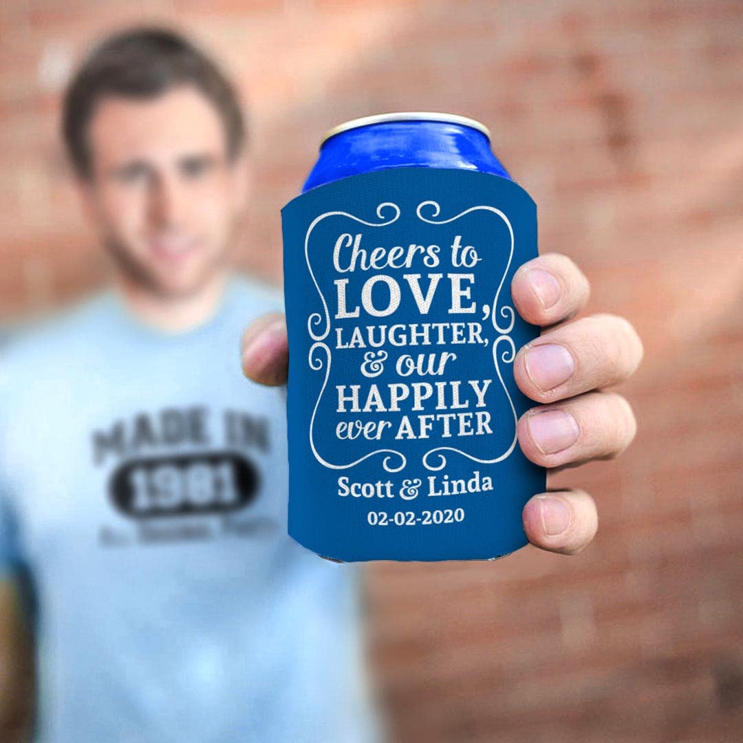 Cheers To Love Custom Names & Date 96-Pack Personalized Can Coolers - Wedding, Anniversary, Birthday Party Drink Sleeves - Perfect for Beer, Soda & Cocktail Parties