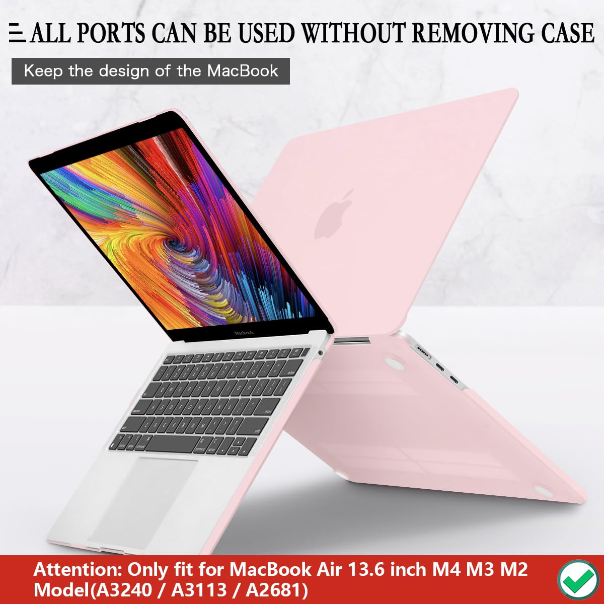 CISSOOK MacBook Air 13.6 Case for M4/M3/M2 Models (2022-2025) - Hard Plastic Shell with Keyboard Cover & USB Adapter - Compatible with A3240/A3113/A2681 - Baby Pink | Perfect for Work, Travel & School Protection