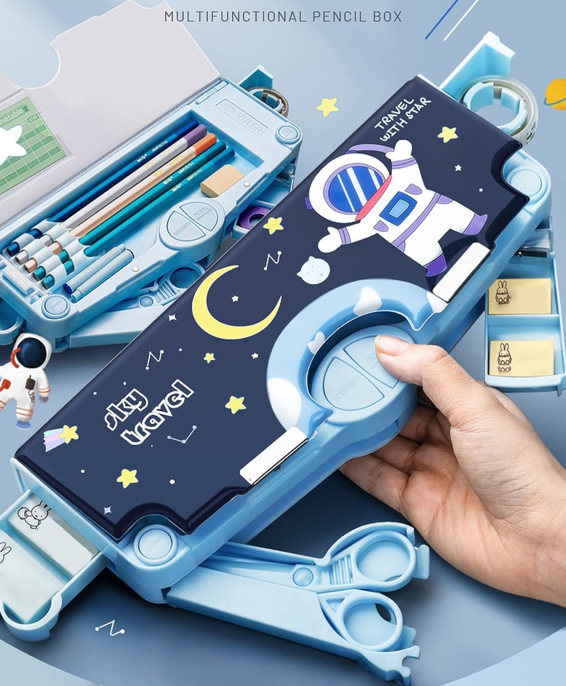 Play Vista Multi-Functional Magnetic Pencil Case for Kids - Space Themed School Supplies Organizer for Boys & Girls (Blue) - Perfect for Classroom, Homework & Travel Use