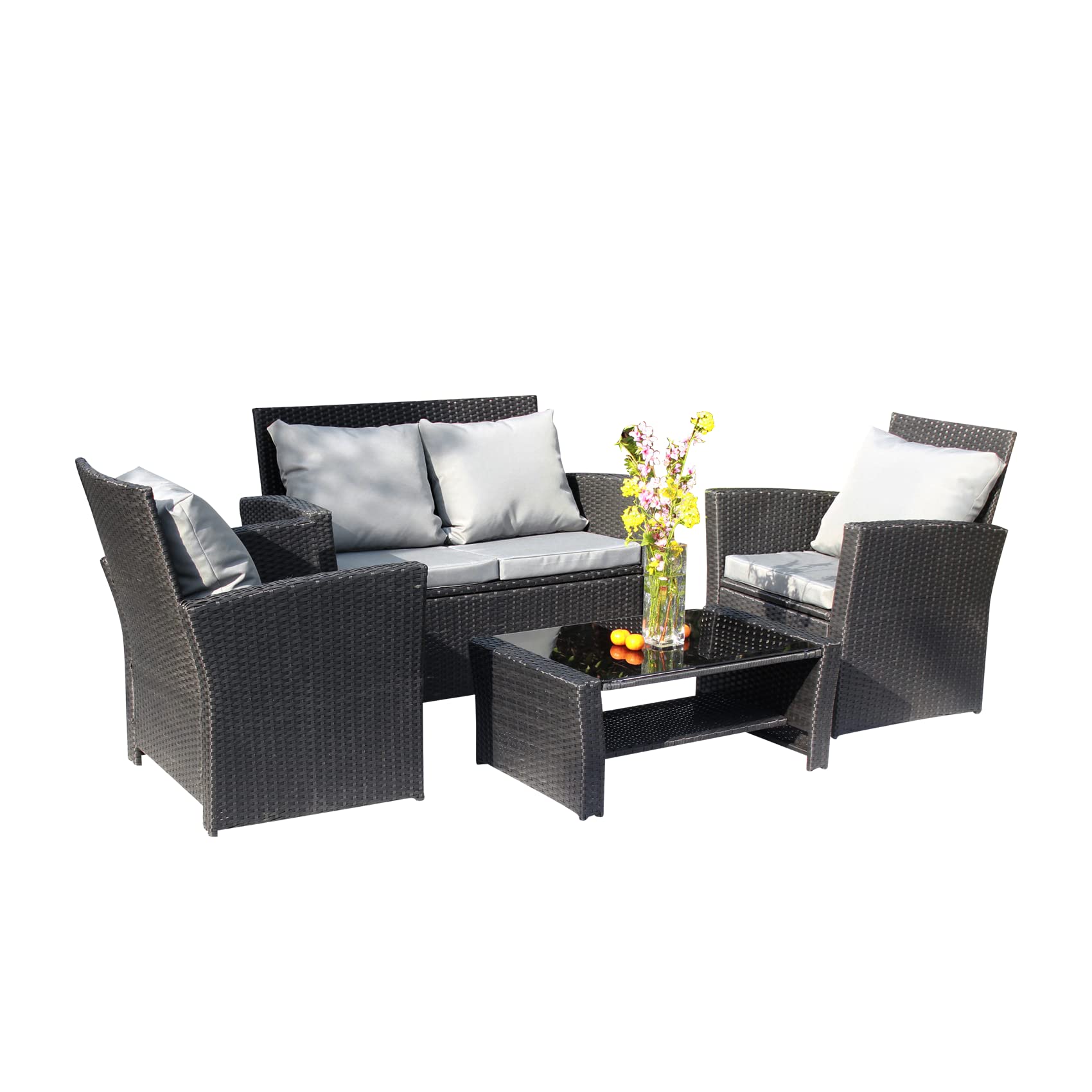 5-Piece All-Weather Wicker Patio Furniture Set with Cushions & Glass Table - Outdoor Sectional Sofa Conversation Set for Backyard, Poolside & Garden Relaxation