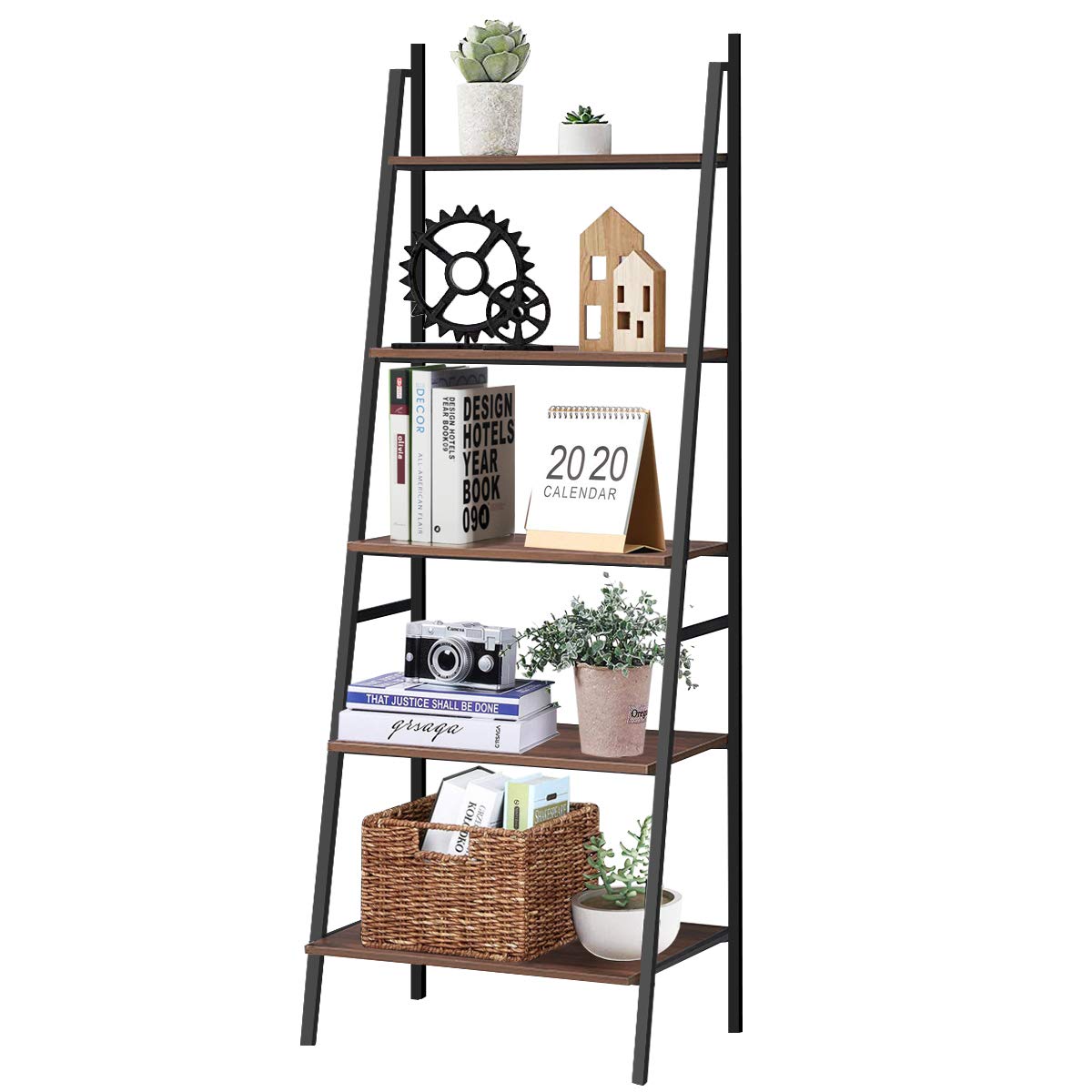 5-Tier Industrial Ladder Shelf - Wooden Look Metal Bookcase & Plant Stand for Home Office Decor | Multifunctional Display Shelf for Books, Plants & Home Organization