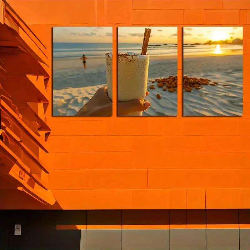 3-Piece Sunset Beach Wall Art Set with Drink & Vanilla Beans - Framed Canvas 50x70cm - High Quality Australian Made Print - Ready to Hang - Perfect for Living Room, Bedroom & Beach House Decor