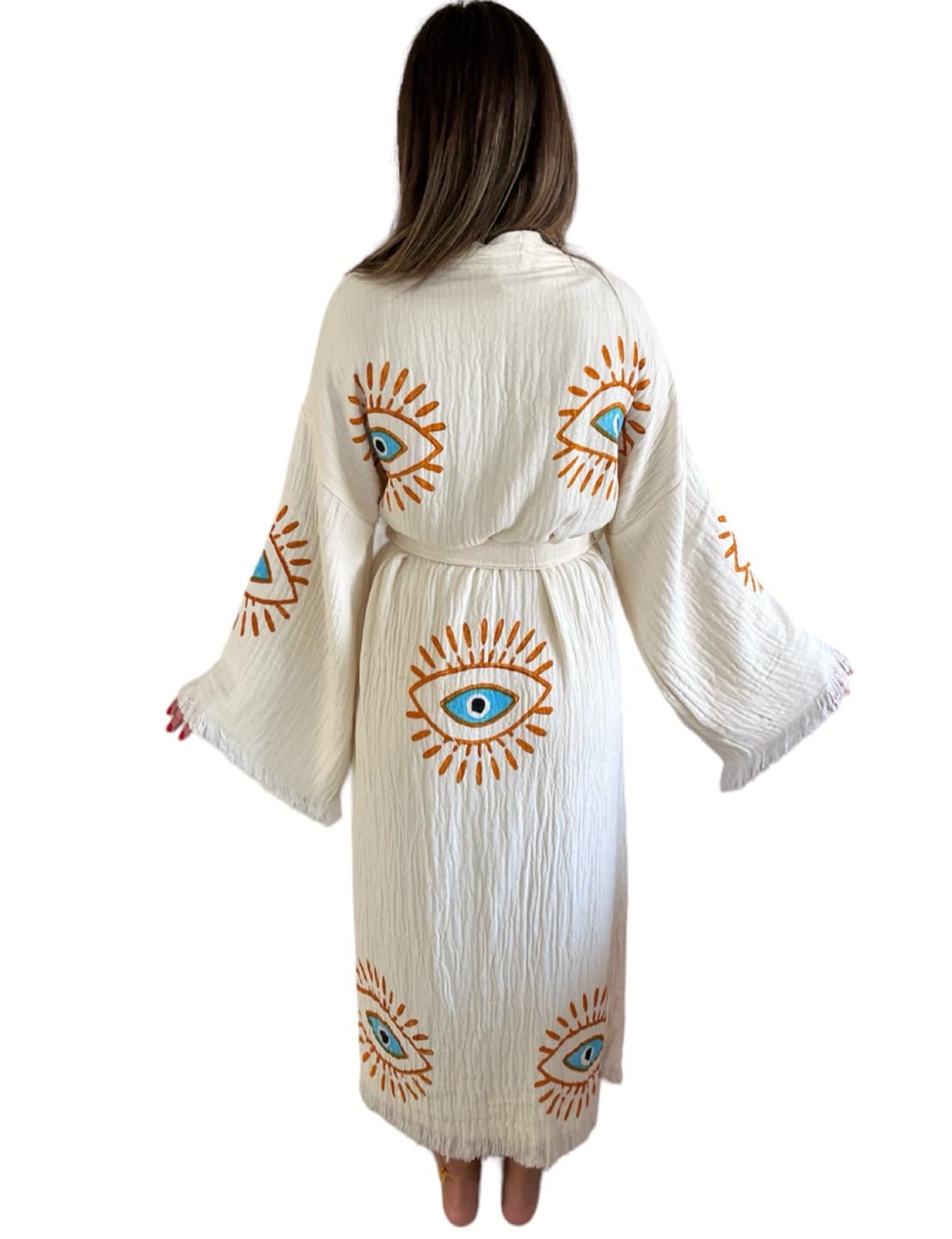 Handmade Evil Eye Kimono for Women - Bohemian Beach Cover Up, Festival Robe & Cotton Cardigan - Lightweight Dressing Gown for Summer, Yoga, Poolside & Vacation Wear