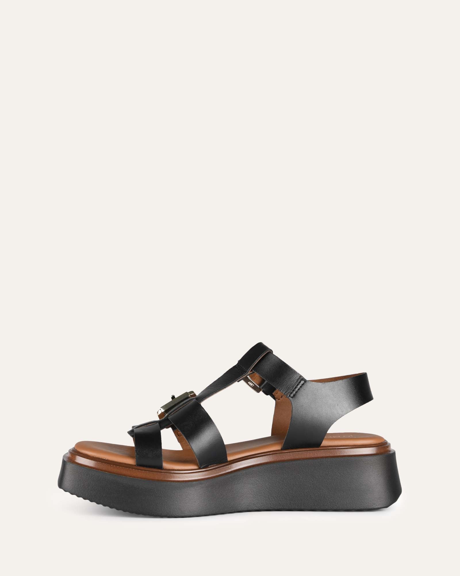 ANGELINA Women's Black Leather Flat Sandals - Comfortable Casual Shoes for Summer, Beach & Everyday Wear